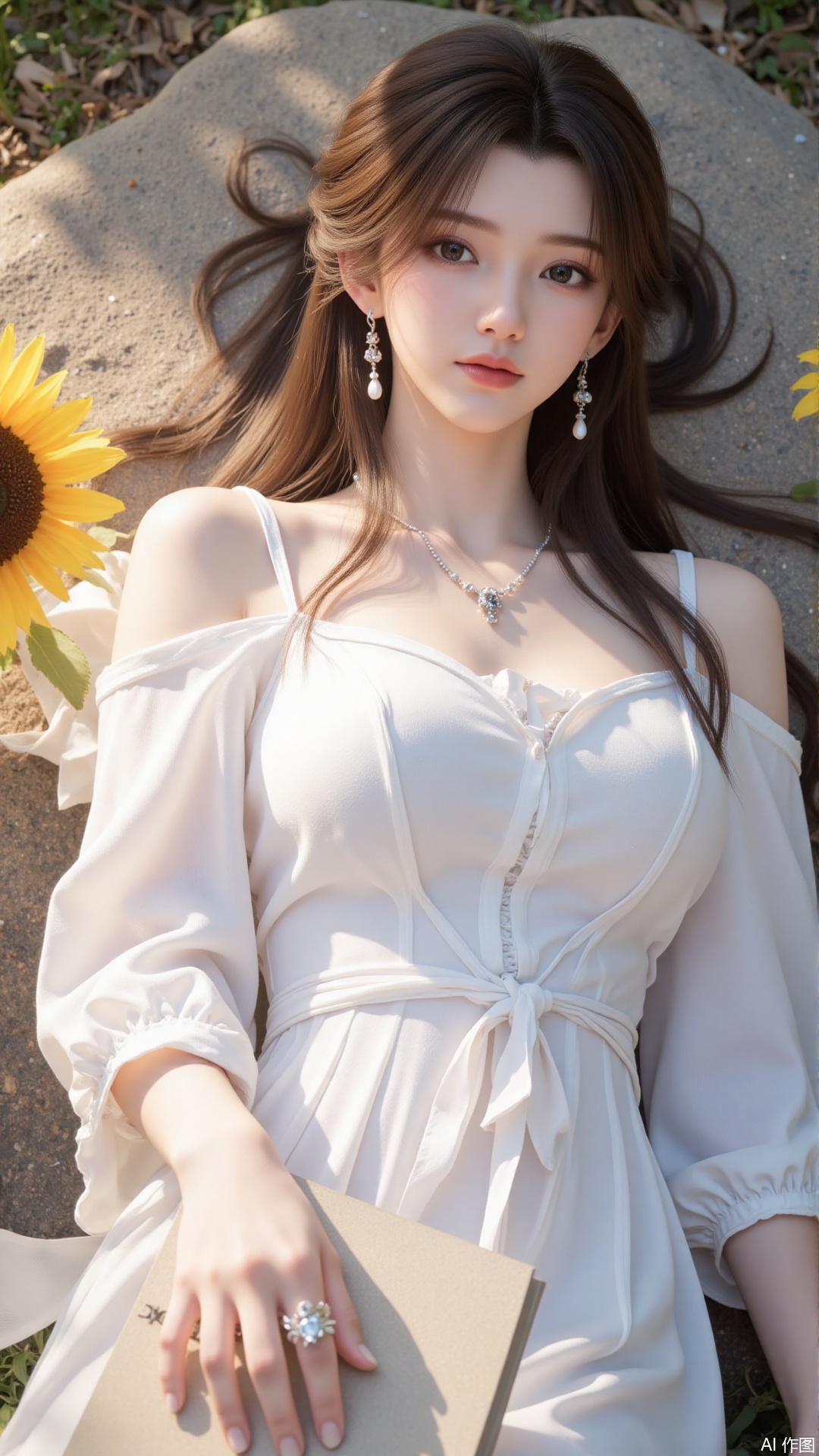 1girl, solo, long hair, brown hair, long sleeves, dress, ribbon, bare shoulders, jewelry, flower, earrings, outdoors, lying, white dress, book, sunflower, ,Light, shadow ,Illustration, lightshadow,shadow,masterpiece,best quality,good quality,very aesthetic,A shot with tension,impactful picture,offcial art,movie perspective,masterpiece,facing the lens,best quality,very aesthetic,extremely delicate and beautiful,huge filesize,amazing quality,solo_focus,depth_of_field,sunlight,reflective,masterful details,intricate details, high contrast,natural skin texture,soft light,sharp,ultra-high resolution,32K UHD,
