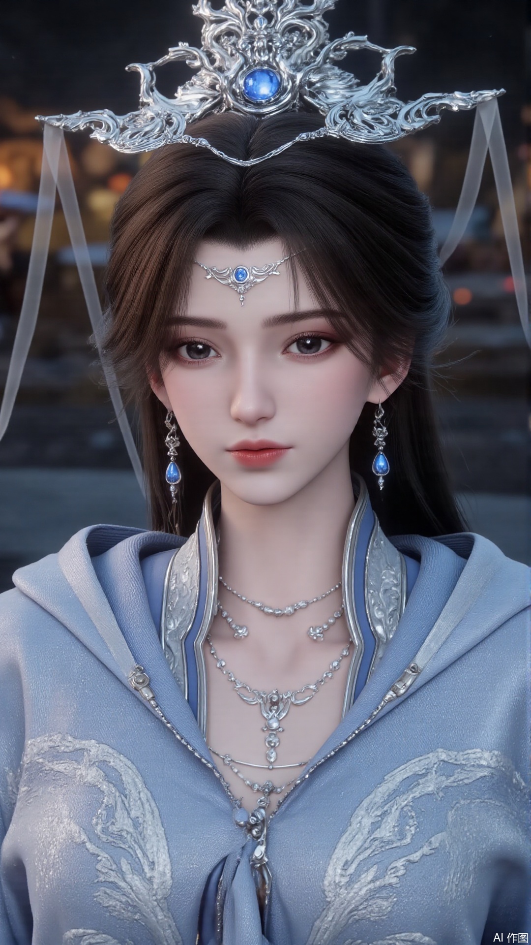 masterpiece,best quality,1girl, hair ornament, solo, jewelry, earrings, long hair, black hair, forehead mark, facial mark, cowboy shot