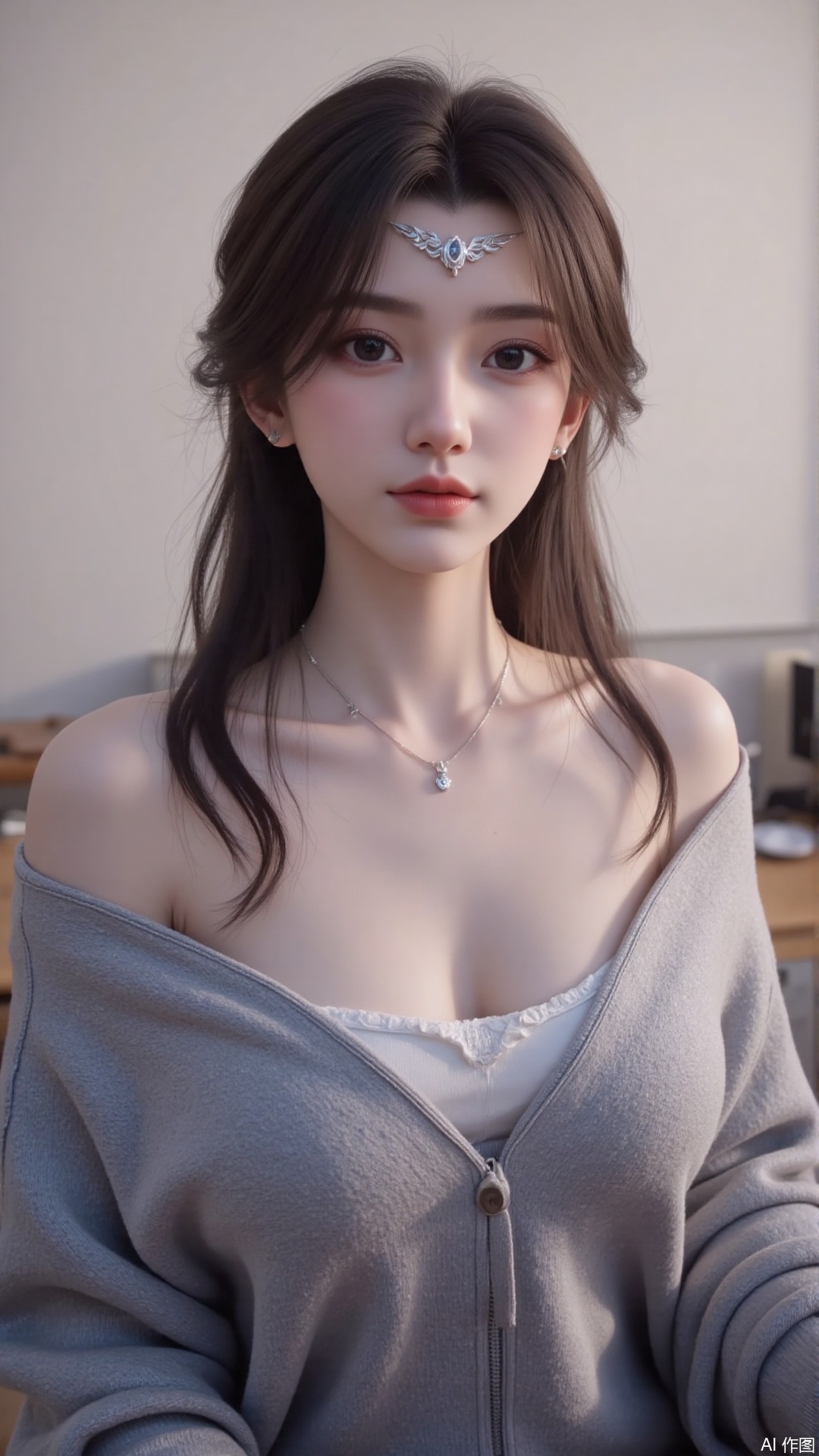 1girl, solo, long hair, looking at viewer, smile, sitting, collarbone, off shoulder, sweater, messy hair, realistic