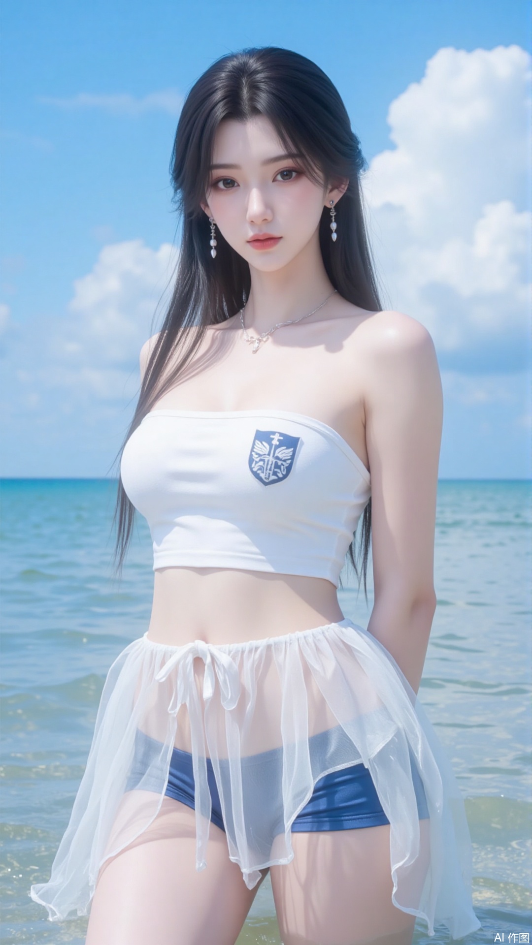 Korean girl, single, showing navel, long hair, thighs, wearing shirt, outdoors, looking at viewer, realistic style, with water and sky, daytime, fair thighs, white tube top, short top, sea, lips, blue sky, short sleeves, smile, clouds, dark eyes, big eyes Eyes, plump breasts, plump breasts, chest, looking at the audience, looking at the screen, bare shoulders, collarbone, standing in the sea, (((upper body red short-sleeved, short top)), (((wearing a translucent The white gauze skirt and blue swimming trunks with the school team logo)) were soaked in the water and were soaked.