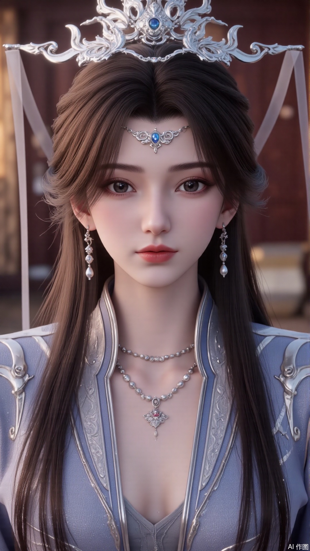 masterpiece,best quality,1girl, hair ornament, solo, jewelry, earrings, long hair, black hair, forehead mark, facial mark, cowboy shot