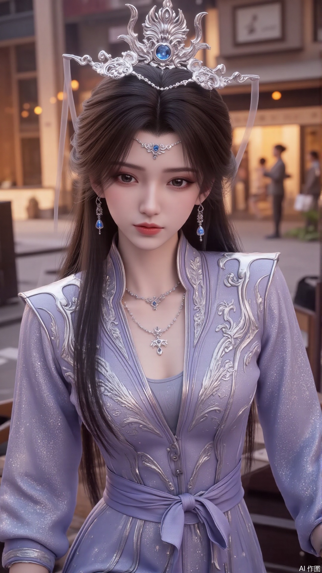 masterpiece,best quality,1girl, hair ornament, solo, jewelry, earrings, long hair, black hair, forehead mark, facial mark, sitting
