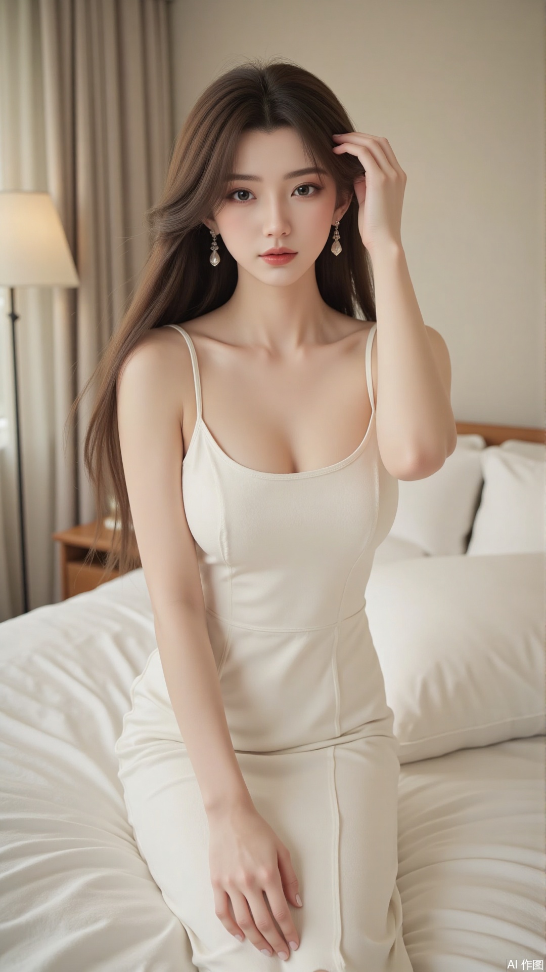 An elegant indoor advertising photograph showcasing a model with long, flowing hair and a graceful posture, wearing a simple yet elegant slip dress. Her pose is effortlessly chic and sophisticated, conveying timeless elegance. The setting is a minimalist bedroom with soft, diffused lighting and neutral colors. The overall mood is refined and timeless, emphasizing the classic beauty and versatility of the dress. High resolution, 8k, soft lighting, hyperrealistic, photorealistic, detailed textures, shallow depth of field, glamour photography, editorial photography, advertisement photography, trending on artstation.