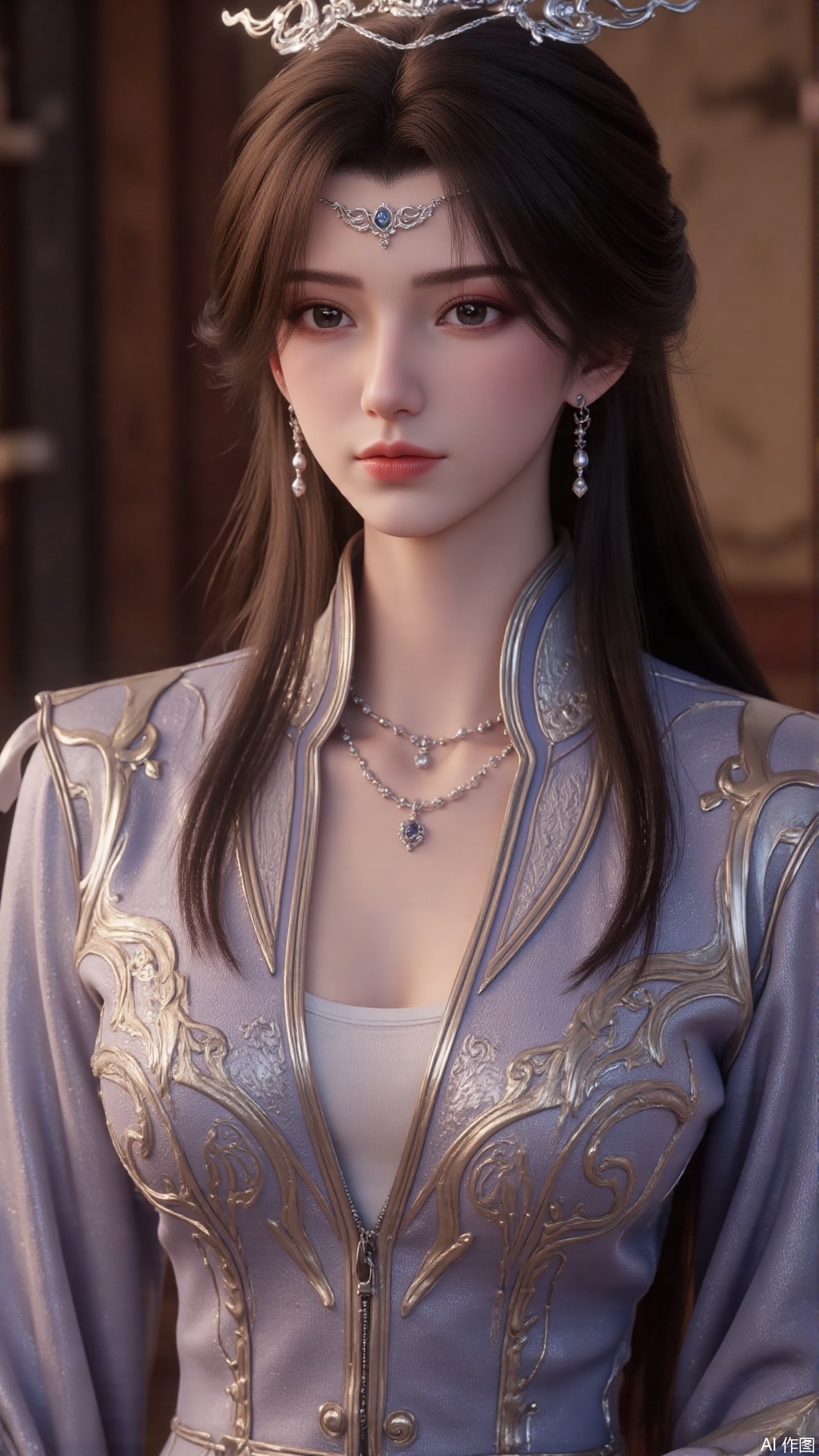 masterpiece,best quality,1girl, hair ornament, solo, jewelry, earrings, long hair, black hair, forehead mark, facial mark, cowboy shot