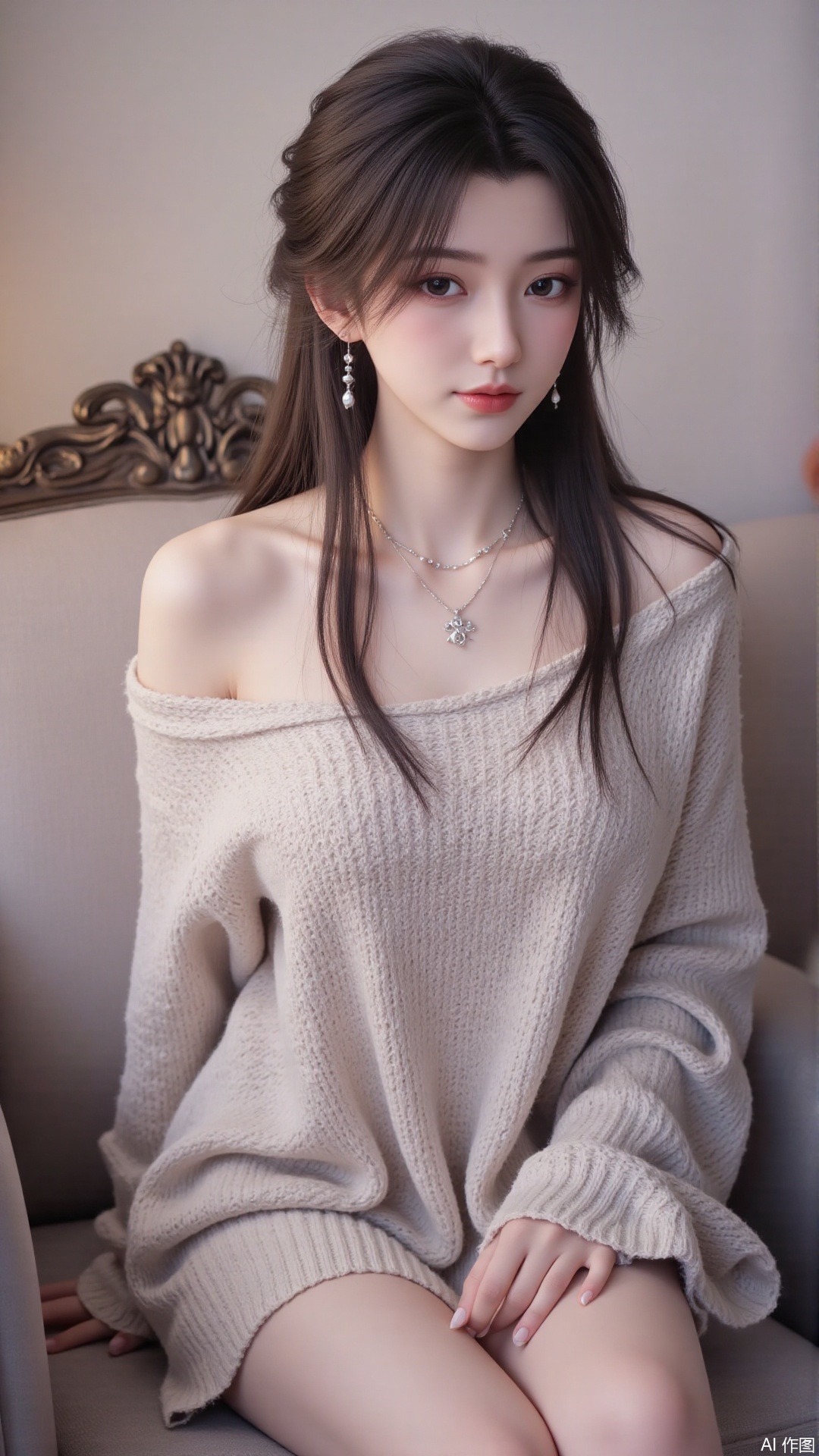 1girl, solo, long hair, looking at viewer, smile, sitting, collarbone, off shoulder, sweater, messy hair, realistic