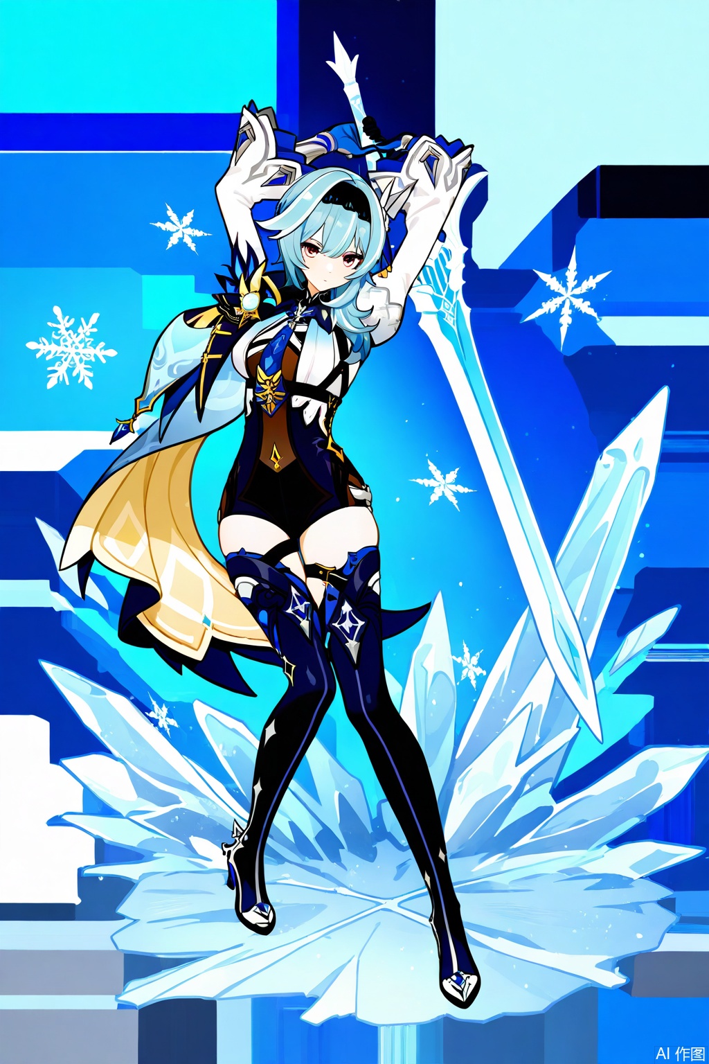 1girl, eula \(genshin impact\), solo, blue hair, weapon, sword, hairband, breasts, boots, thigh boots, thighhighs, necktie, arms up, white background, full body, snowflakes, gloves, long sleeves, simple background, blue necktie, medium hair, cape, ice, black hairband, leotard, vision \(genshin impact\), holding weapon, looking at viewer, holding sword, hair ornament