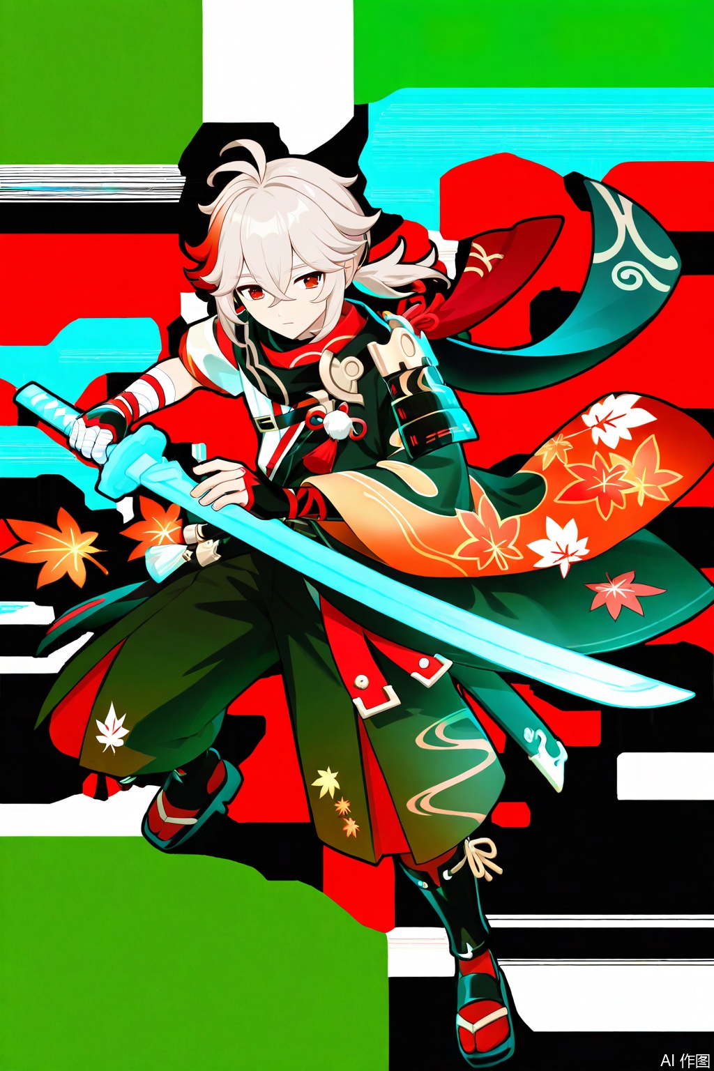 kaedehara kazuha, male focus, 1boy, solo, weapon, leaf print, japanese clothes, red eyes, sword, multicolored hair, streaked hair, red hair, bandages, leaf, holding, bandaged hand, holding weapon, full body, holding sword, white hair, ponytail, gloves, hair between eyes, armor, simple background, white background, antenna hair, japanese armor