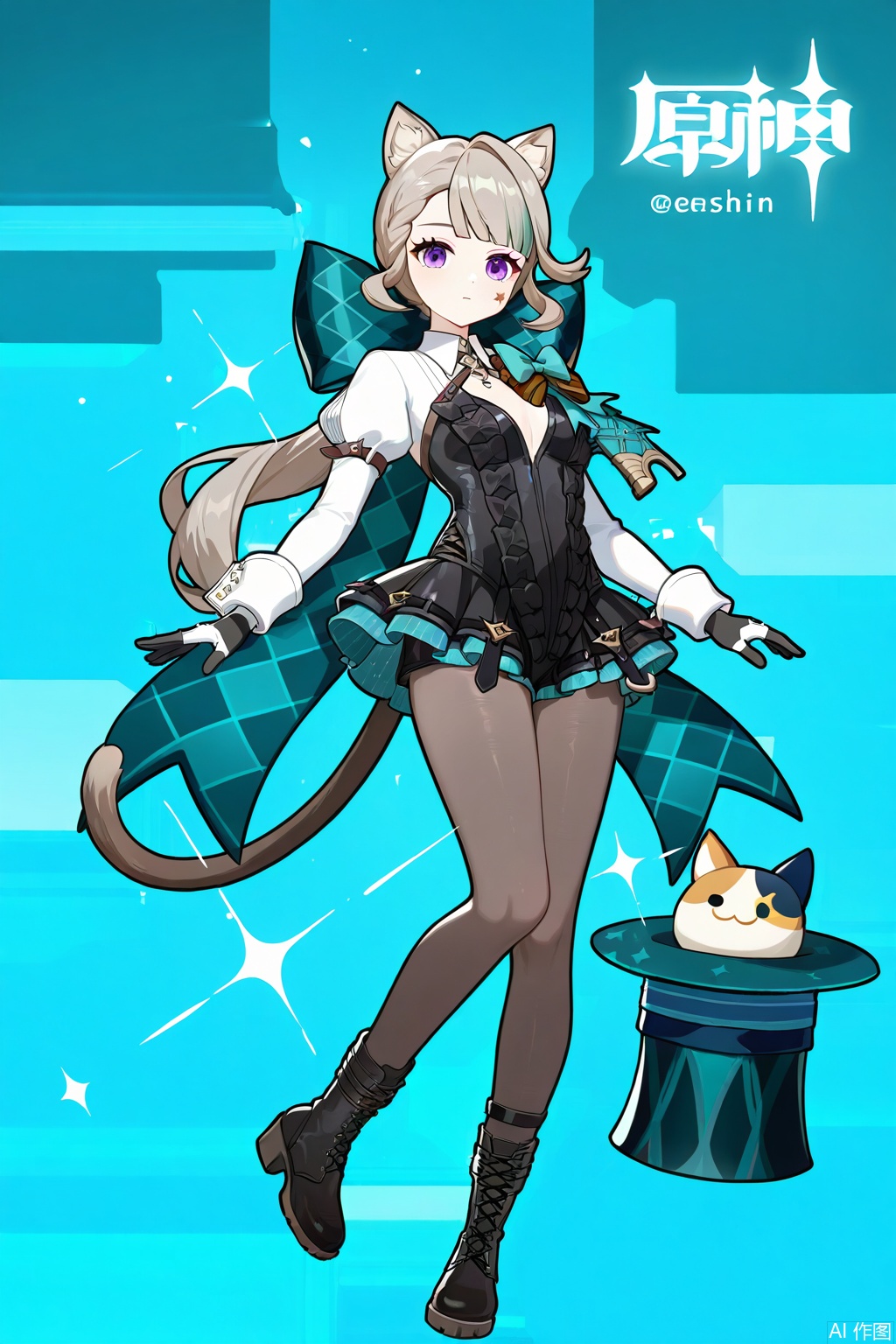 1girl, lynette \(genshin impact\), animal ears, cat ears, tail, cat tail, pantyhose, facial mark, star facial mark, star \(symbol\), cat girl, black footwear, hat, star tattoo, purple eyes, long hair, solo, full body, aqua bow, bow, looking at viewer, boots, two-tone gloves, gloves, top hat, breasts, grey hair, leotard, huge bow, tattoo, long sleeves