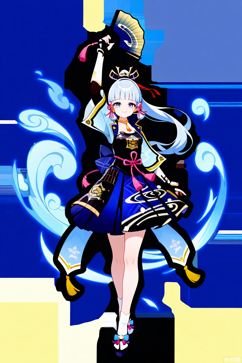 1girl, kamisato ayaka, hand fan, solo, holding fan, folding fan, holding, armor, ponytail, full body, blunt bangs, white background, long hair, ribbon, hair ribbon, arm up, breastplate, tress ribbon, hair ornament, looking at viewer, blue hair, simple background, japanese clothes, skirt, sidelocks, gloves, armored dress, sandals, smile