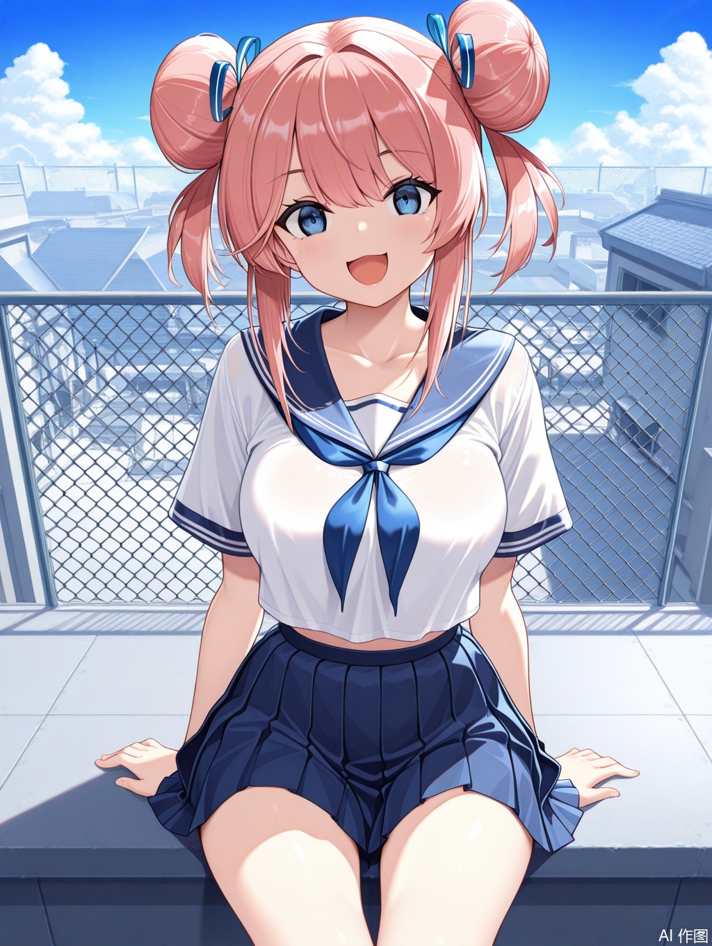 gallant \(express-ive delivery\) \(azur lane\),serafuku,pleated_skirt,:d,sitting,rooftop,masterpiece,best quality,amazing quality,