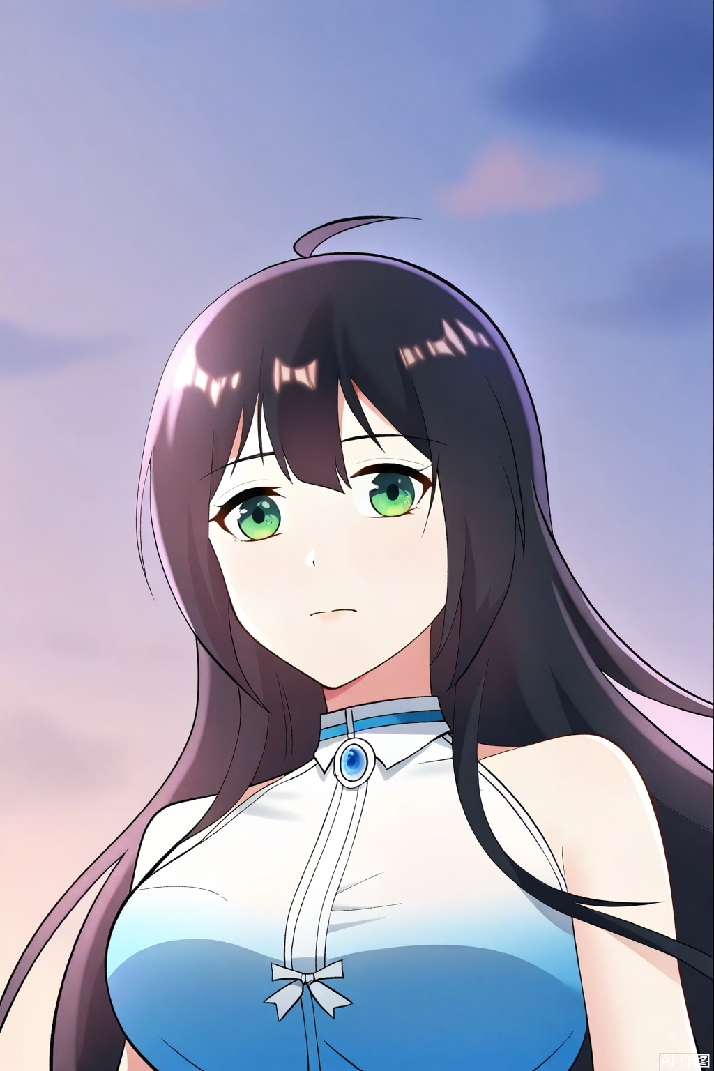 , 1girl, solo, long hair, breasts, black hair, dress, green eyes, sleeveless, white dress,


Random scene,upper body,looking at viewer,