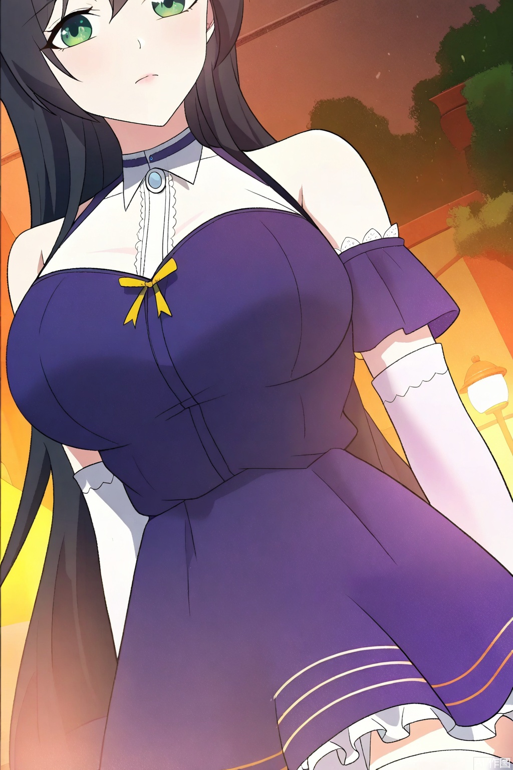 1girl, solo, long hair, breasts, large breasts, black hair, thighhighs, dress, bare shoulders, very long hair, green eyes,detached sleeves, white thighhighs, purple dress, 



Random scene,upper body,looking at viewer,