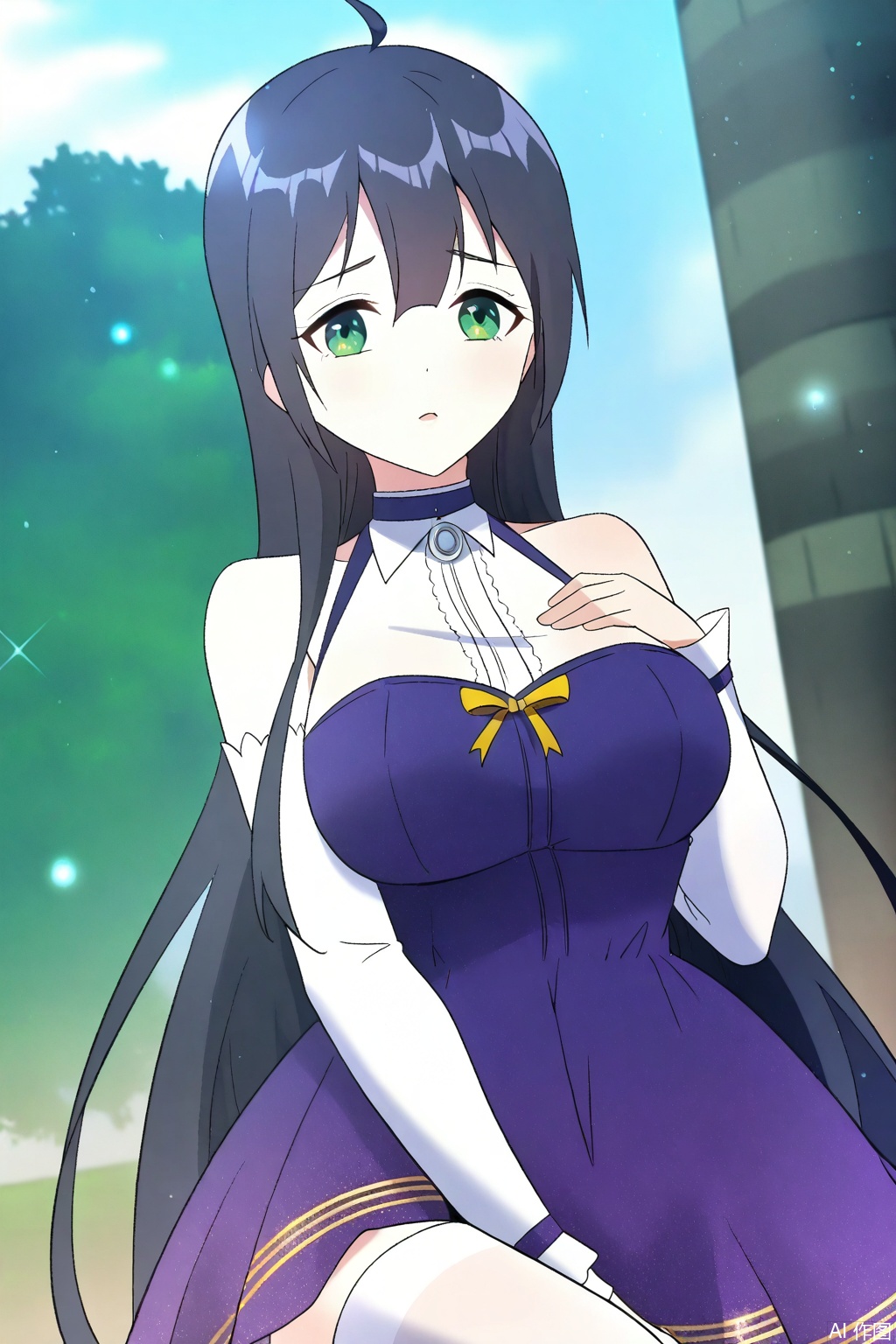 1girl, solo, long hair, breasts, large breasts, black hair, thighhighs, dress, bare shoulders, very long hair, green eyes,detached sleeves, white thighhighs, purple dress, 



Random scene,upper body,looking at viewer,