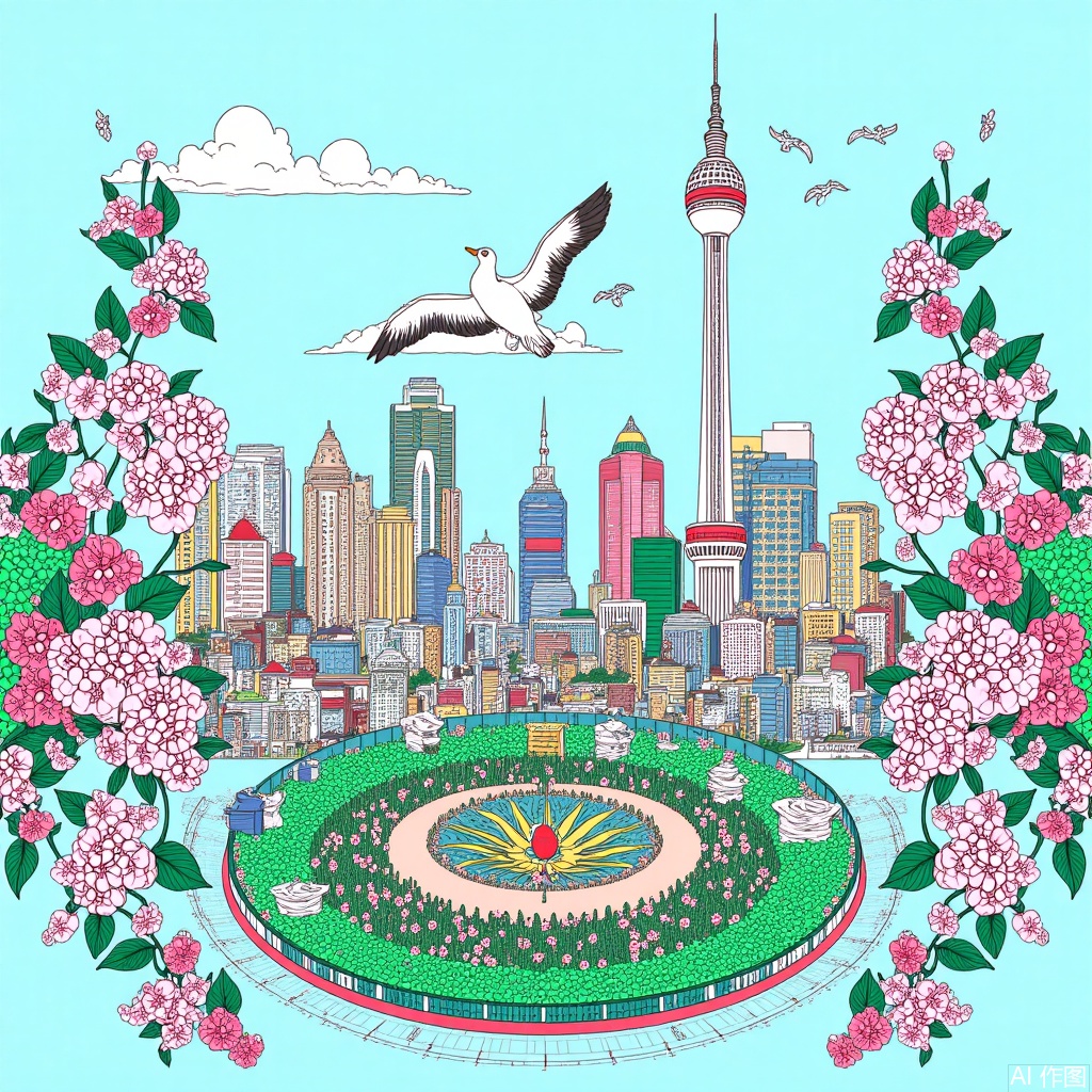 The complex details of the city of Shanghai are presented in light blue and pink tones, a scene that includes traditional buildings surrounded by blooming flowers and flying birds, with an elegant crane soaring over a circular park full of vibrant green plants. This detailed illustration depicts ancient architecture with a modern skyscraper as the backdrop, with exquisite floral patterns on both sides adding to its artistic charm, Creative illustration