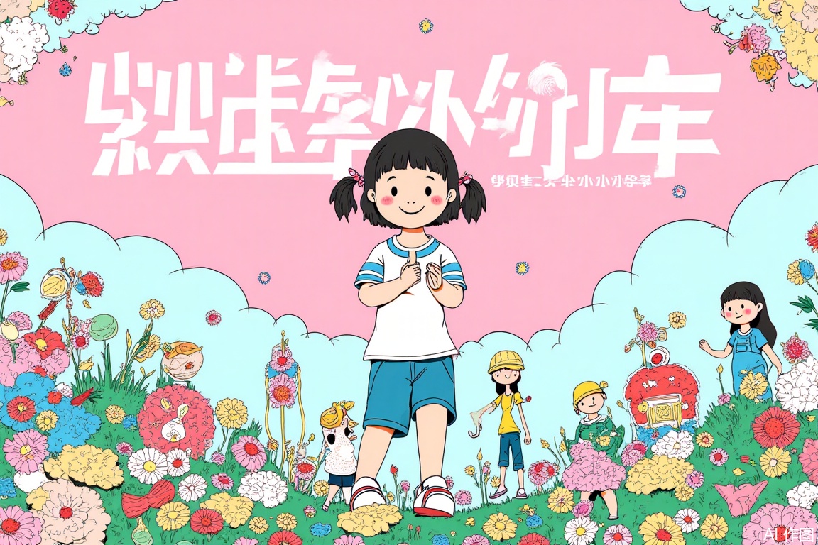 Creative illustration, make a Children's Day poster, "Children's Day" subtitle "Children's Day", "June 1, 2025, the sixth day of the fifth lunar month", cute style of comics, fluorescent painting, a five-year-old girl holding a windmill, happy and sweet expression, advanced typography, masterpiece, 8K HD resolution
