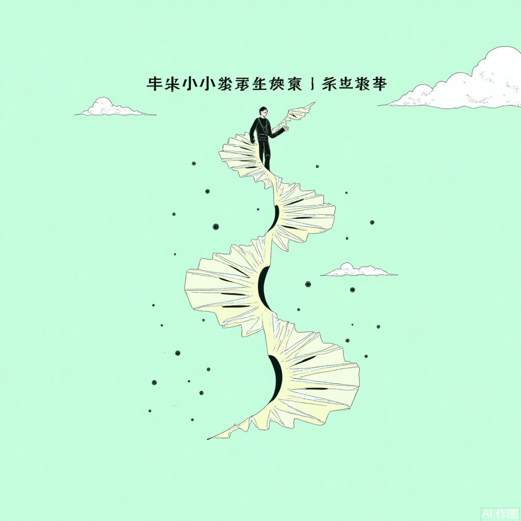  Digital text art, National Day poster,Creative illustration,,A person steps up a spiral staircase with text. The light green and white background colors create an atmosphere full of fantasy and mystery,In contrast to the dreamy scenery,some places may have some visual effects. Chinese ancient minimalist painting,conceptual art illustrations,Leaf,