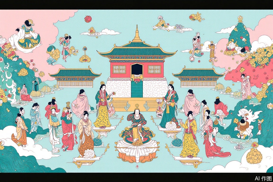 Creative illustration, Tang dynasty costume,XUER Dunhuang apsaras,In a grand and ethereal Eastern mythological scene with a wide-angle composition, Dunhuang is shrouded in mist and clouds. The apsaras, inspired by Thangka and rock-color painting techniques, are depicted with flowing movements and graceful poses. Traditional Oriental architecture is featured in the background, with intricate details and vibrant colors enhancing the mystical ambiance. The scene captures the essence of ancient Chinese mythology, blending natural elements with architectural beauty in a harmonious and enchanting manner.
