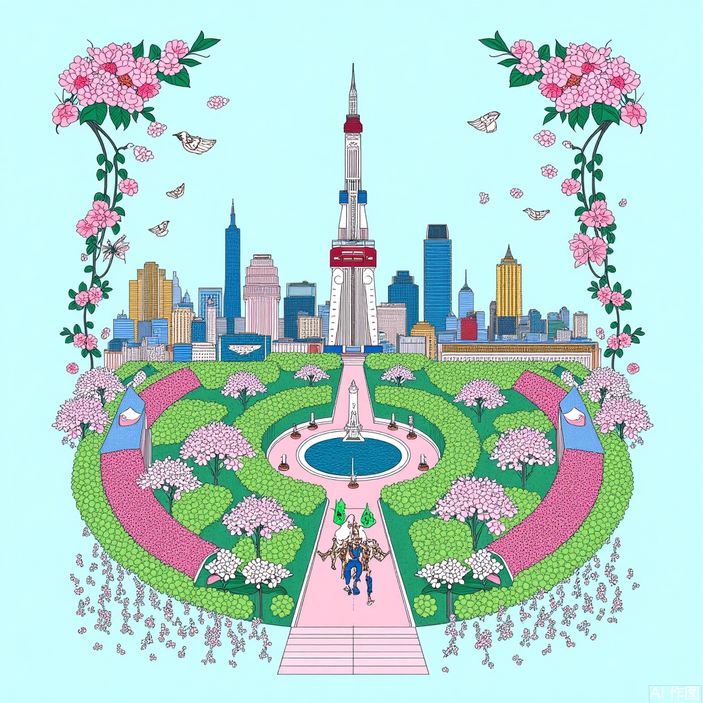 In light blue and pink tones, the complex details of the city of Shanghai are presented, a scene that includes traditional buildings surrounded by blooming flowers and flying birds, with an elegant crane soaring over a circular park full of vibrant green plants. This detailed illustration depicts ancient architecture with a modern skyscraper as the backdrop, with exquisite floral patterns on both sides adding to its artistic charm,