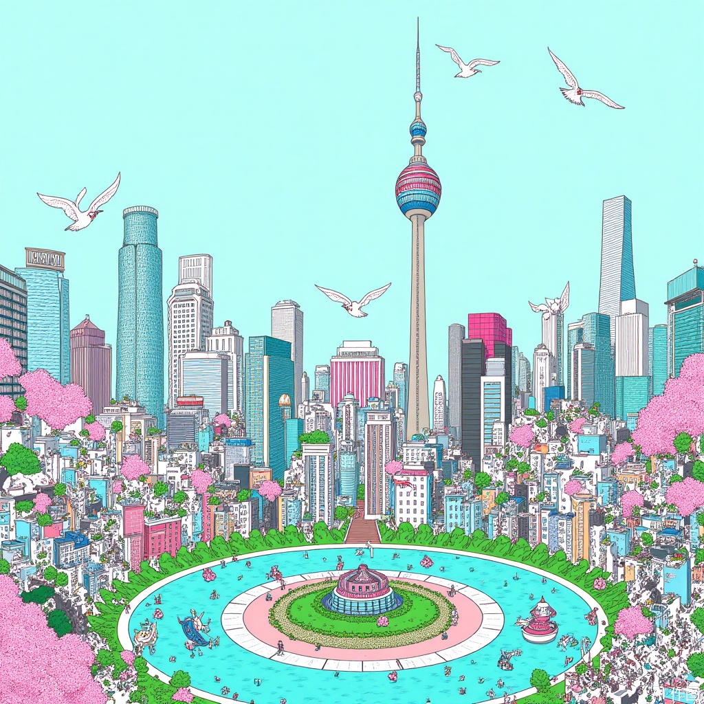 In light blue and pink tones, the complex details of the city of Shanghai are presented, a scene that includes traditional buildings surrounded by blooming flowers and flying birds, with an elegant crane soaring over a circular park full of vibrant green plants. This detailed illustration depicts ancient architecture with a modern skyscraper as the backdrop, with exquisite floral patterns on both sides adding to its artistic charm,Creative illustration
