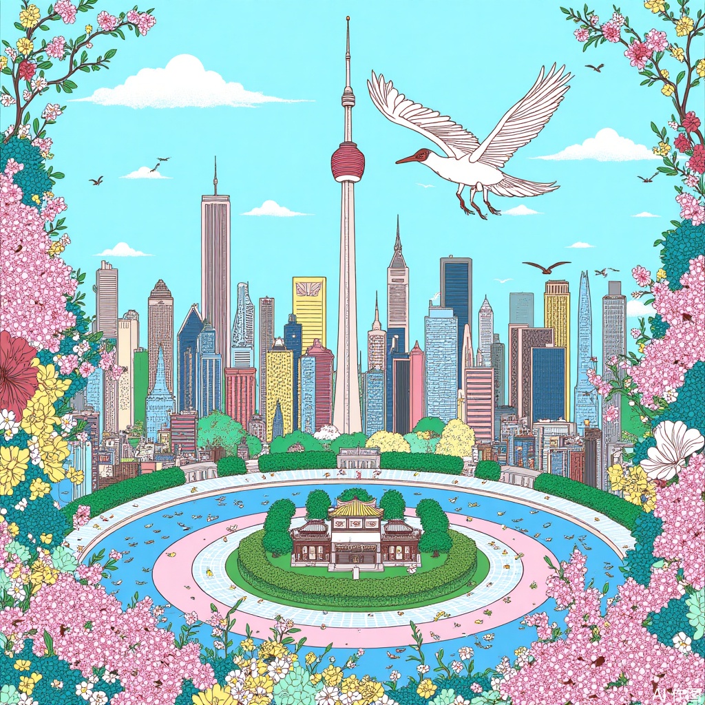 The complex details of the city of Shanghai are presented in light blue and pink tones, a scene that includes traditional buildings surrounded by blooming flowers and flying birds, with an elegant crane soaring over a circular park full of vibrant green plants. This detailed illustration depicts ancient architecture with a modern skyscraper as the backdrop, with exquisite floral patterns on both sides adding to its artistic charm, Creative illustration