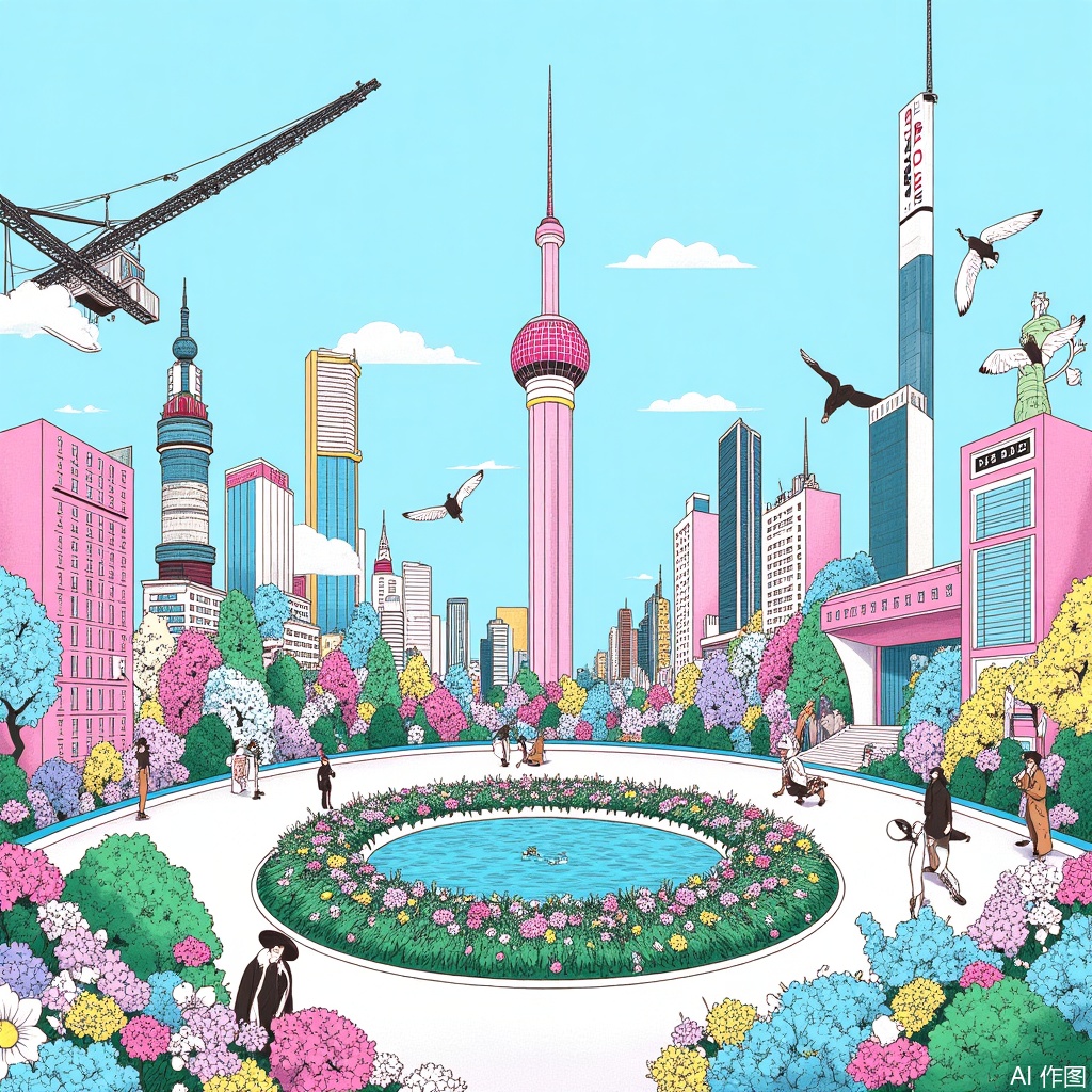 In light blue and pink tones, the complex details of the city of Shanghai are presented, a scene that includes traditional buildings surrounded by blooming flowers and flying birds, with an elegant crane soaring over a circular park full of vibrant green plants. This detailed illustration depicts ancient architecture with a modern skyscraper as the backdrop, with exquisite floral patterns on both sides adding to its artistic charm,