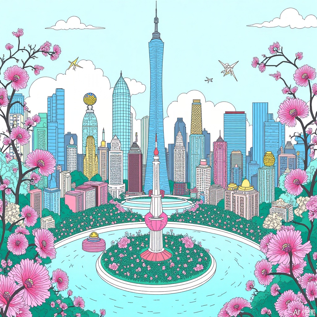 In light blue and pink tones, the complex details of the city of Shanghai are presented, a scene that includes traditional buildings surrounded by blooming flowers and flying birds, with an elegant crane soaring over a circular park full of vibrant green plants. This detailed illustration depicts ancient architecture with a modern skyscraper as the backdrop, with exquisite floral patterns on both sides adding to its artistic charm,Creative illustration