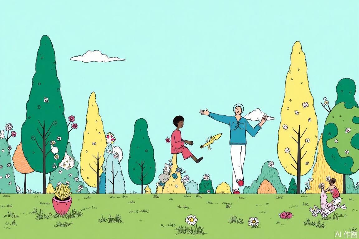 Creative illustration, park, girl and boy, beautiful view
