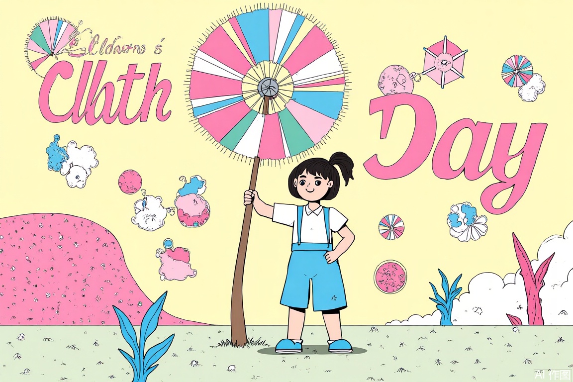 Creative illustration, make a Children's Day poster, "Children's Day" subtitle "Children's Day", "June 1, 2025, the sixth day of the fifth lunar month", cute style of comics, fluorescent painting, a five-year-old girl holding a windmill, happy and sweet expression, advanced typography, masterpiece, 8K HD resolution