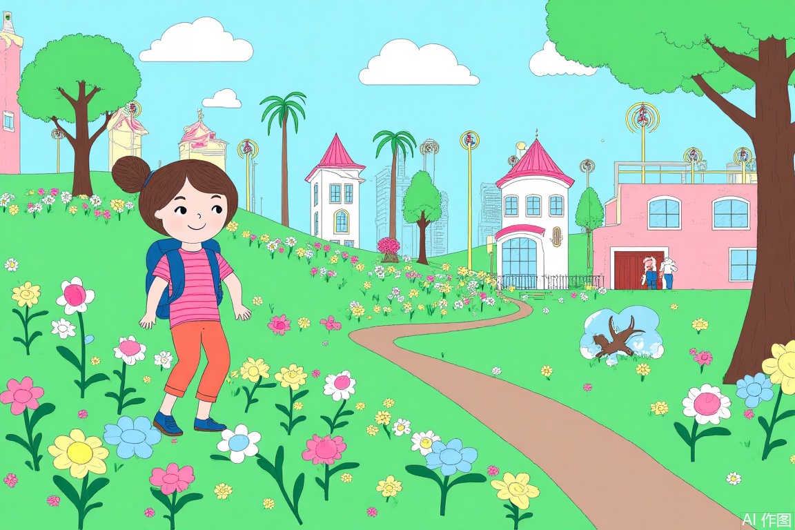 Creative illustration, park, girl and boy, beautiful view