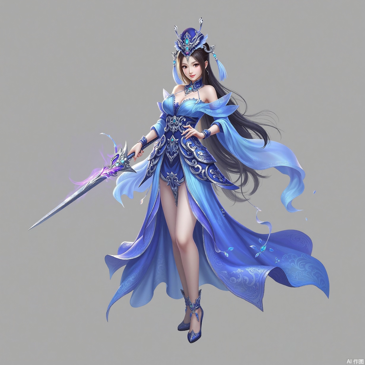 An Oriental female character in blue costume. She stood on her side holding a long sword, which glowed blue-purple and looked very powerful. Her dress was flowy and ornate, and she wore a hat adorned with tassels and jewels. The whole picture is dominated by a grey background, highlighting the presence of the characters