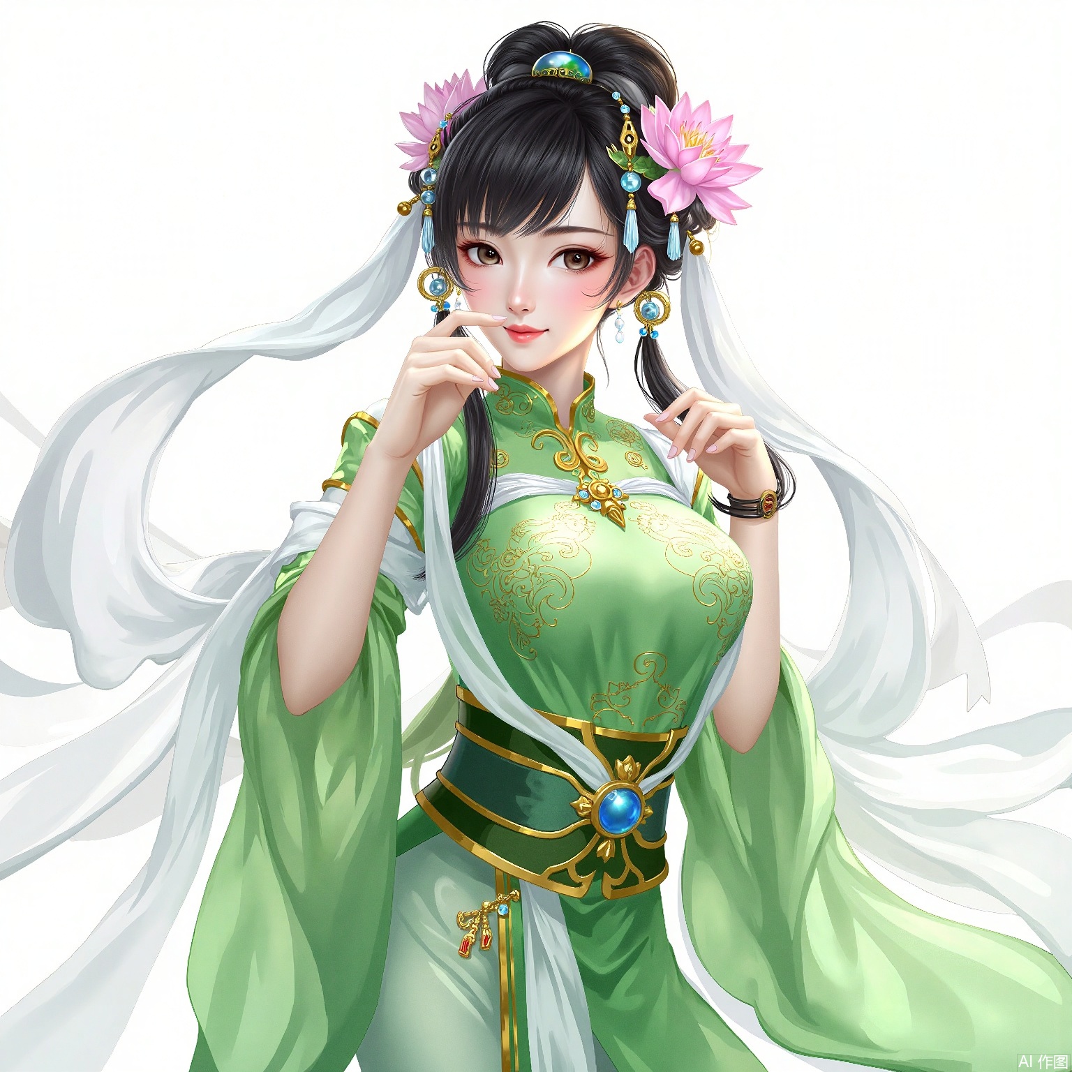 A beautiful Oriental woman in green traditional dress. She has black hair and pink cheeks, and wears a lotus ornament on her head. Her dress had gold patterns and was fitted with a green belt with a gold button. Over her shoulders and arms, white fabric hung like ribbons. She also wears a bracelet on her left wrist to add some sparkle. Overall, the character has a sense of elegance and classical beauty