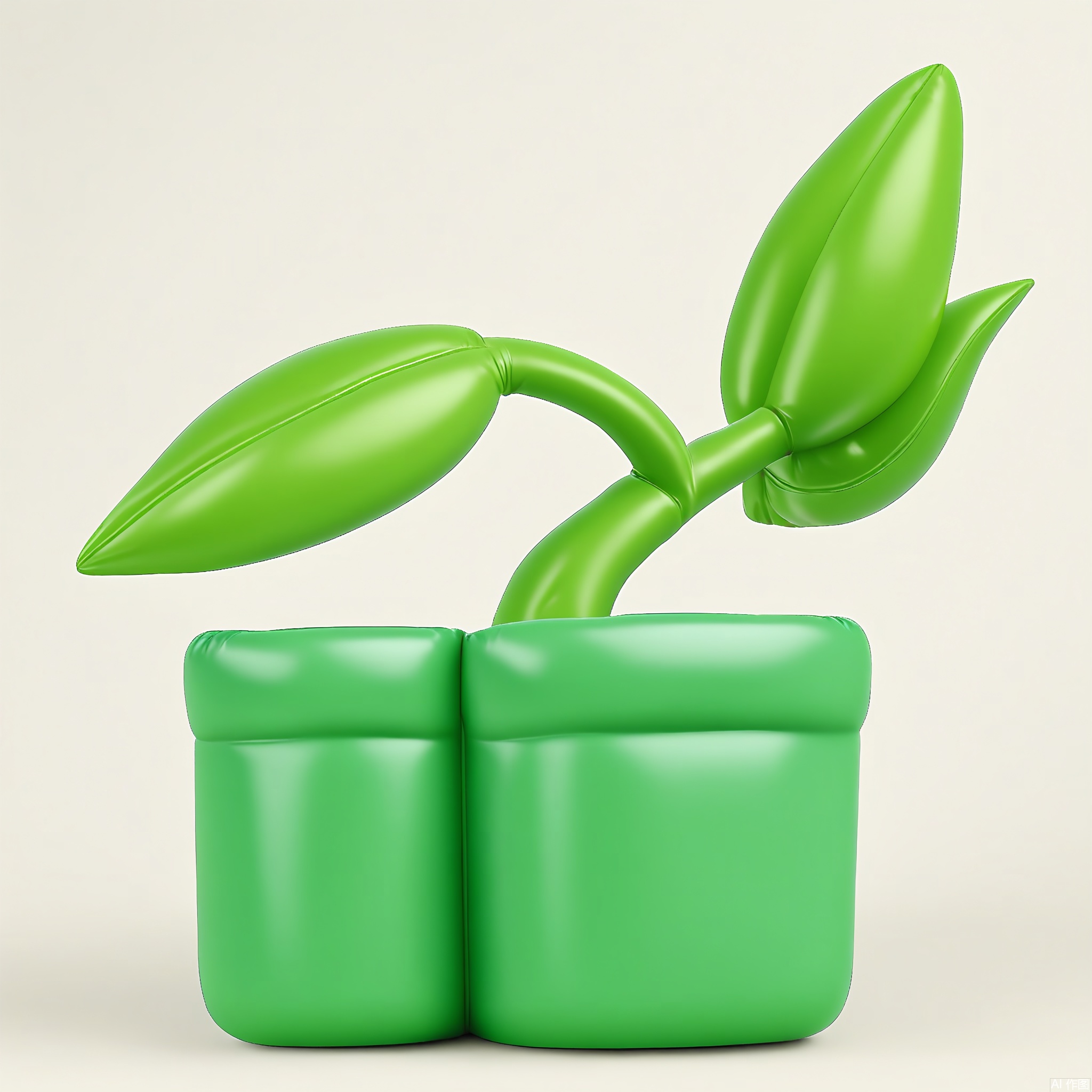 PZF, A high - quality photograph of a bright green inflatable plant pot with a nature - inspired design. The plant pot has an oversized, rounded shape with an inflated base and sides that seem to bulge out. The surface is a smooth, glossy plastic that reflects light, giving it a fresh look. The plant pot is positioned against a plain white background, emphasizing its bright green color. The style is modern and eco - friendly, with a slight vintage touch in its simple, rounded form.
