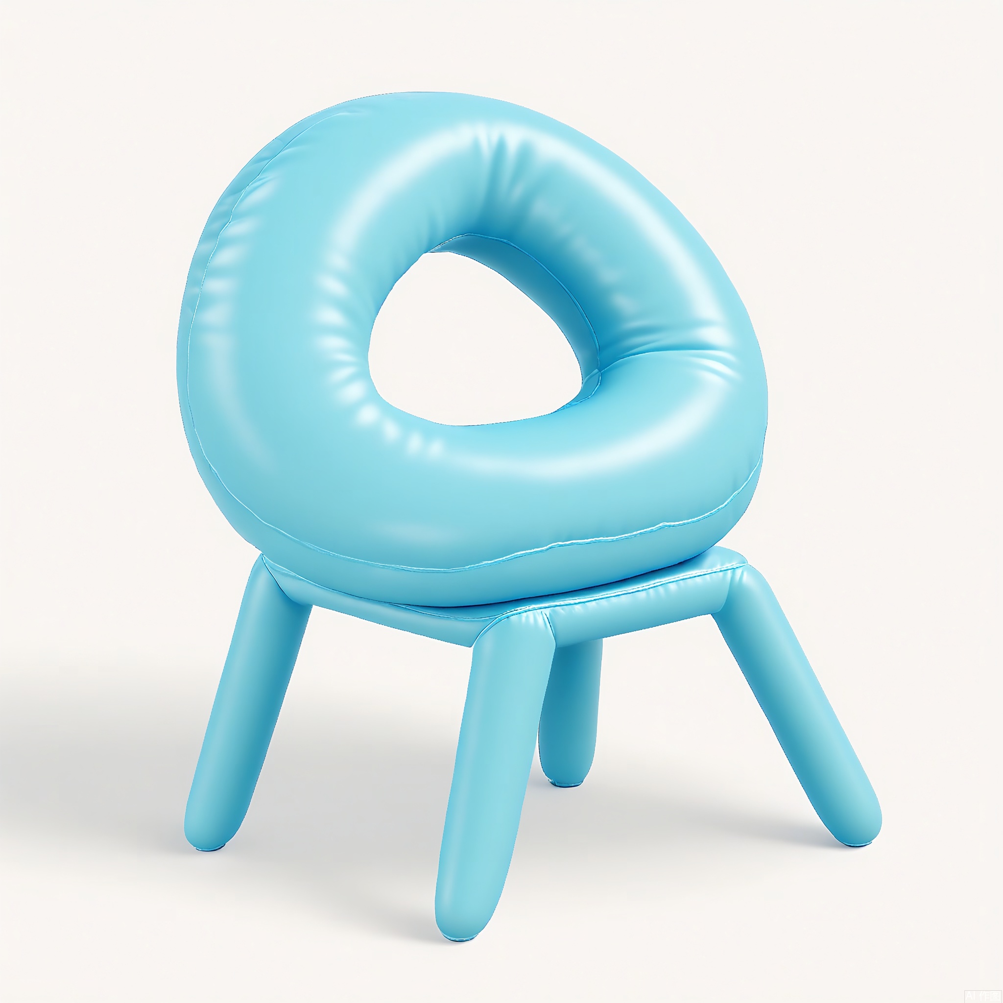 PZF, A high - quality photograph of a sky blue inflatable stool with a fun design. The stool has an oversized, round seat and short, fat legs that are made of inflatable material. The seat has a plush, cushioned look, as if it's filled with air and soft padding. The surface is a smooth, glossy rubber that reflects light. The stool is positioned against a plain white background, making its sky - blue color prominent. The style is modern and playful, with a slight vintage touch in its simple, rounded shape.
