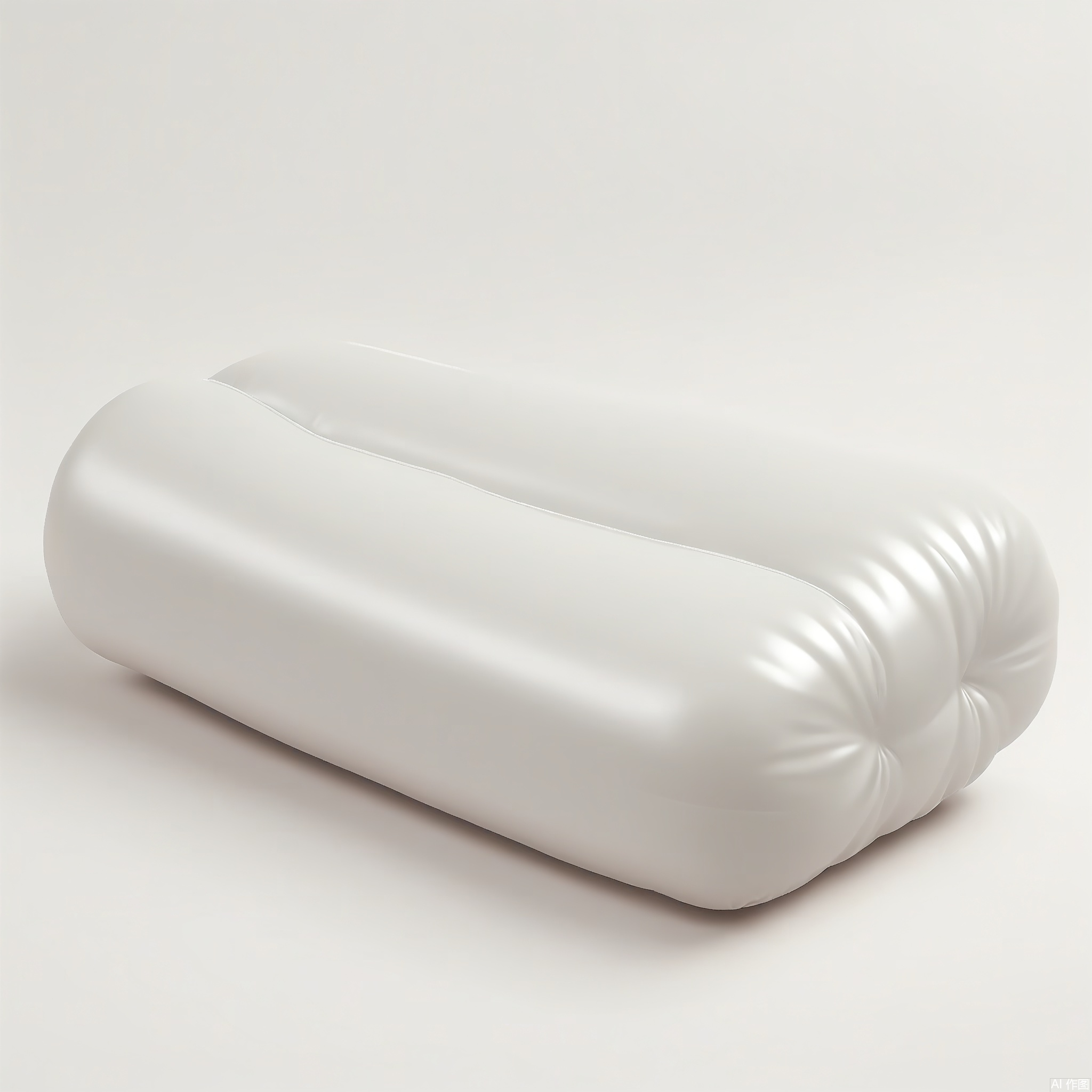PZF, A high - quality photograph of a creamy white inflatable bed with a luxurious design. The bed has an inflated, cloud - like mattress and headboard that are covered in a soft, plush - like material. The legs are thick, inflatable cylinders that give the bed a floating appearance. The surface is a shiny, satin - like fabric that reflects light gently. The bed is positioned against a plain white background, highlighting its creamy color. The style is modern and opulent, with a hint of vintage in its rounded headboard.
