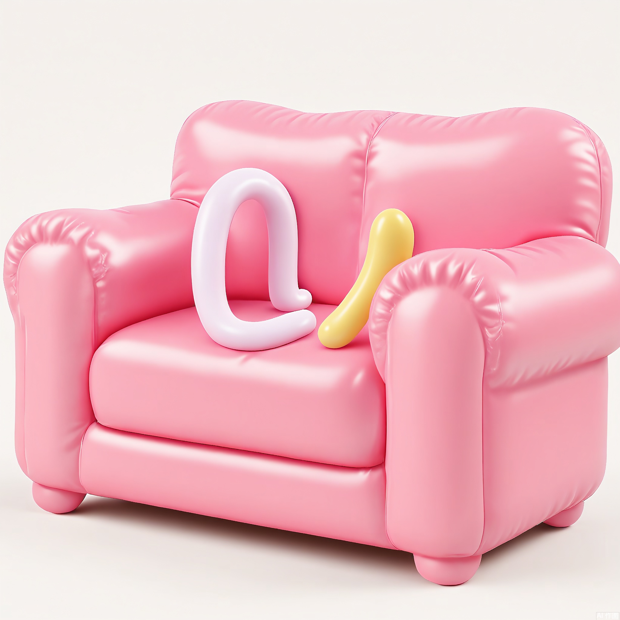 PZF, A high - quality photograph of a pastel pink inflatable sofa with a playful design. The sofa has an oversized, rounded shape with plush - like contours on the seat and backrest. It's supported by thick, balloon - like legs. The material is a soft, stretchy vinyl that catches the light, giving it a gentle glow. The sofa is positioned against a plain white background, emphasizing its pastel hue. The style is modern and whimsical, with a touch of vintage charm in its rounded forms.
