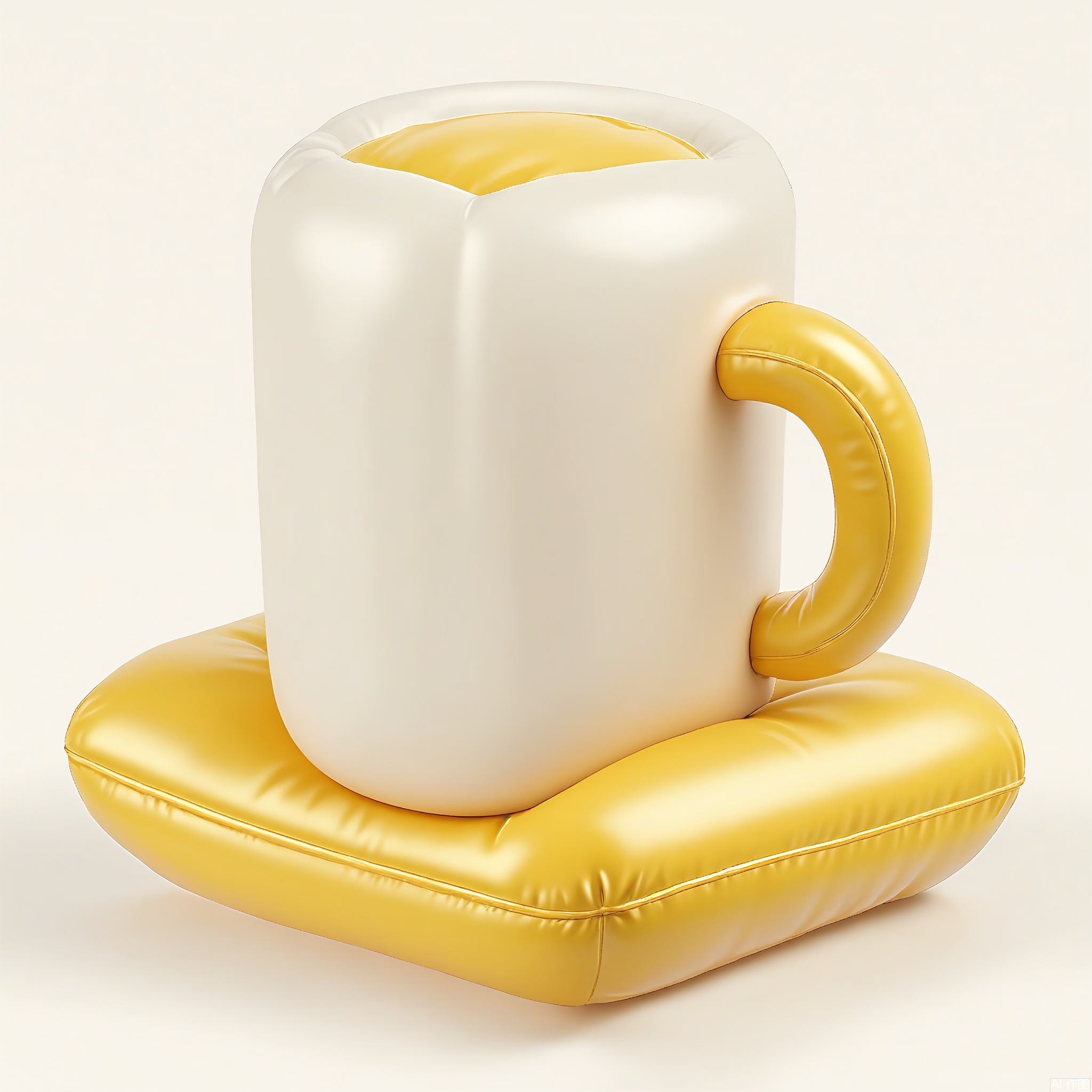 PZF, A high - quality photograph of a pale yellow inflatable coffee table with a cheerful design. The table has an inflated, round top and thick, rounded legs. The surface of the top has a plush, textured look, like a soft, air - filled cushion. The material is a smooth, reflective polyester that bounces light off. The coffee table is positioned against a plain white background, highlighting its pale yellow color. The style is modern and sunny, with a hint of vintage in its rounded shape.
