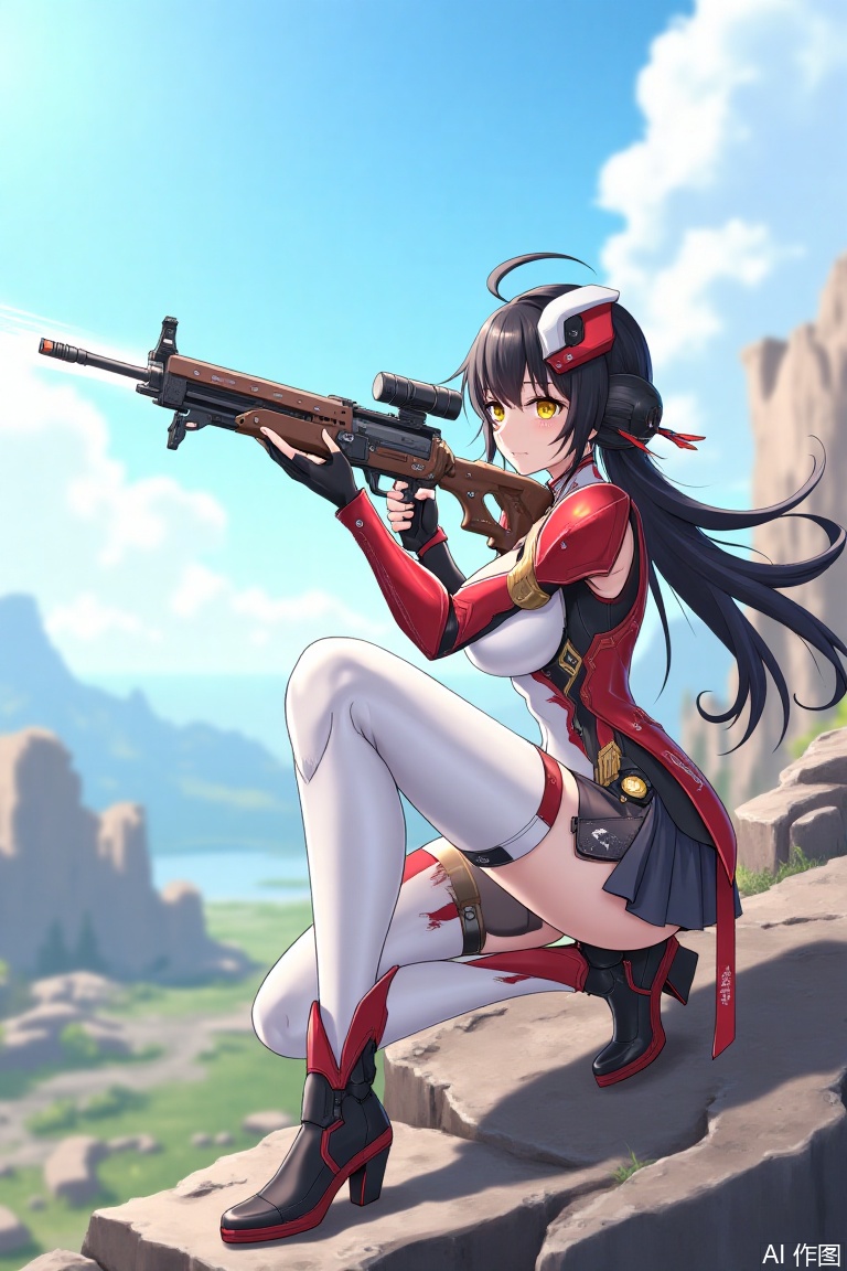 Anime style woman holds the ground with one hand and steadily raises a deformable energy rifle with the other hand, aiming at a fast moving target in the distance. She half-squatted on the edge of the ruins, her legs tightened, and her white stockings and black red boots stuck steadily on the ground. Her eyes were as focused as an eagle, her black hair was gently swinged by the wind, and the target lock message was displayed on the high-tech headdress. Her red and black combat suit spread small thrusters on her shoulders, and her cuffs bulged slightly, suggesting that the next attack was about to be launched. The picture uses a contrasting distance and near composition to highlight the calmness and accuracy of the character as a long-range tactical warrior.