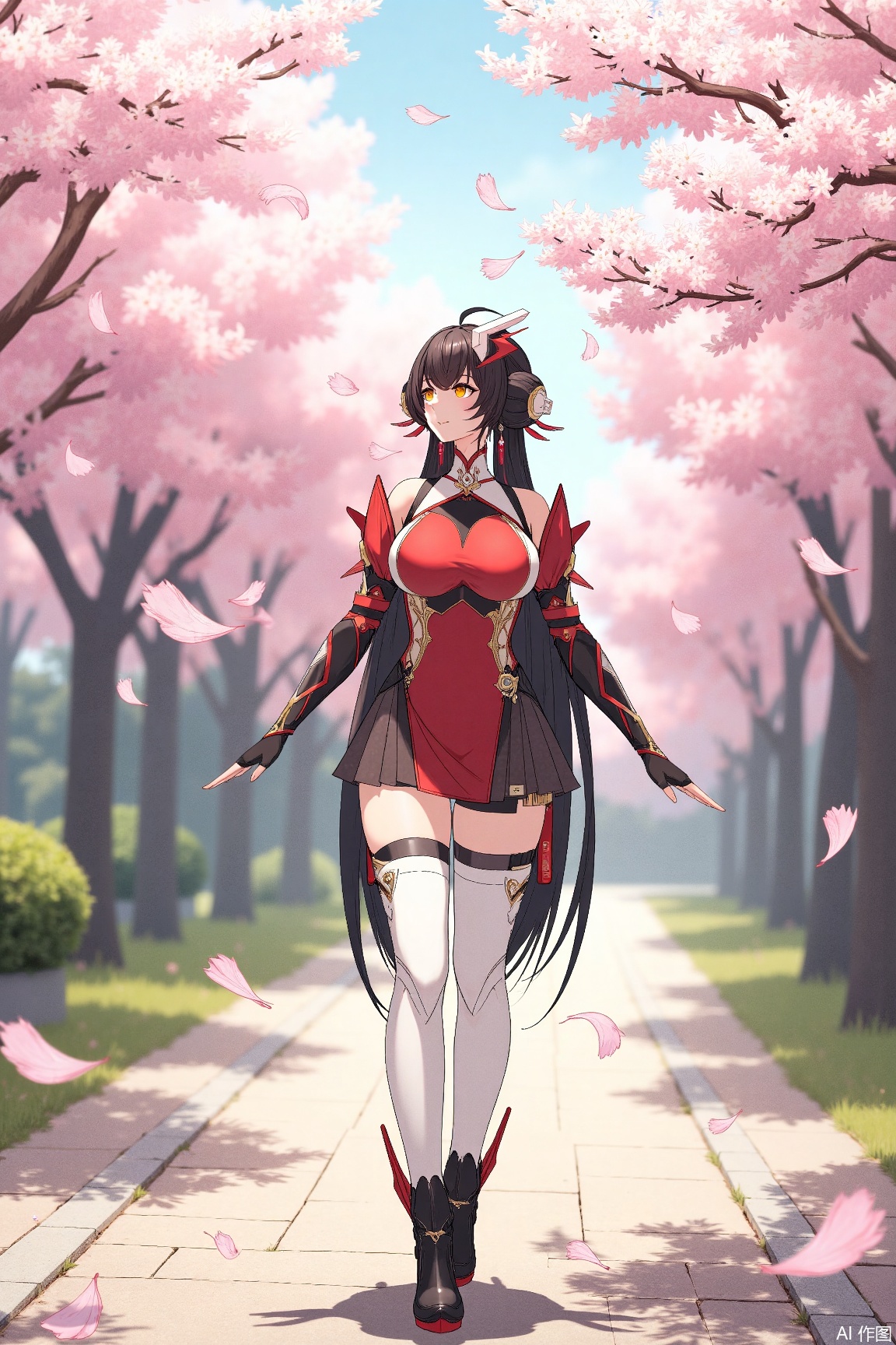 In this illustration, the woman strolls on a park trail with cherry blossoms, and the petals fall in the wind. She wore a red and black striped turtleneck and beard-sleeved outfit, white knee-length stockings and black pointed-toe low-heeled boots with red embellishments to add a delicate layer to the outfit. Her long black ponytail naturally hangs behind her shoulders, and the high-tech headdress contrasts with the surrounding natural beauty, but coexists harmoniously. She looked up at the sky, with an intoxicating expression on her face, as if she was deeply attracted by the beautiful scene in front of her.