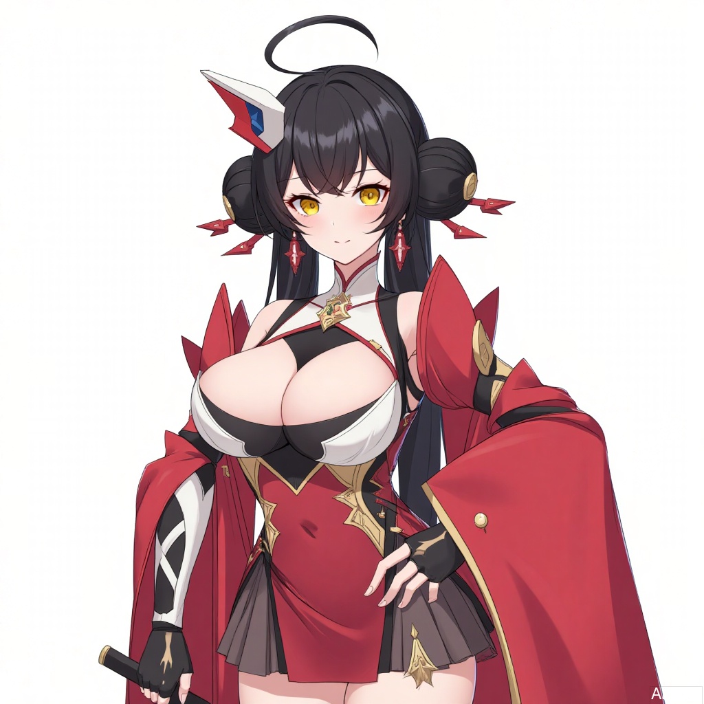 The image is an illustration of a young woman with long black hair and yellow eyes. She is wearing a red and black outfit with a red cape draped over her shoulders. The outfit has a high neckline and long sleeves, and she is holding a sword in her right hand. The woman has a fierce expression on her face and is looking directly at the camera. She has a pair of horns on her head, which are pointed and have sharp edges. The background is white, and the overall style of the outfit is anime-style.