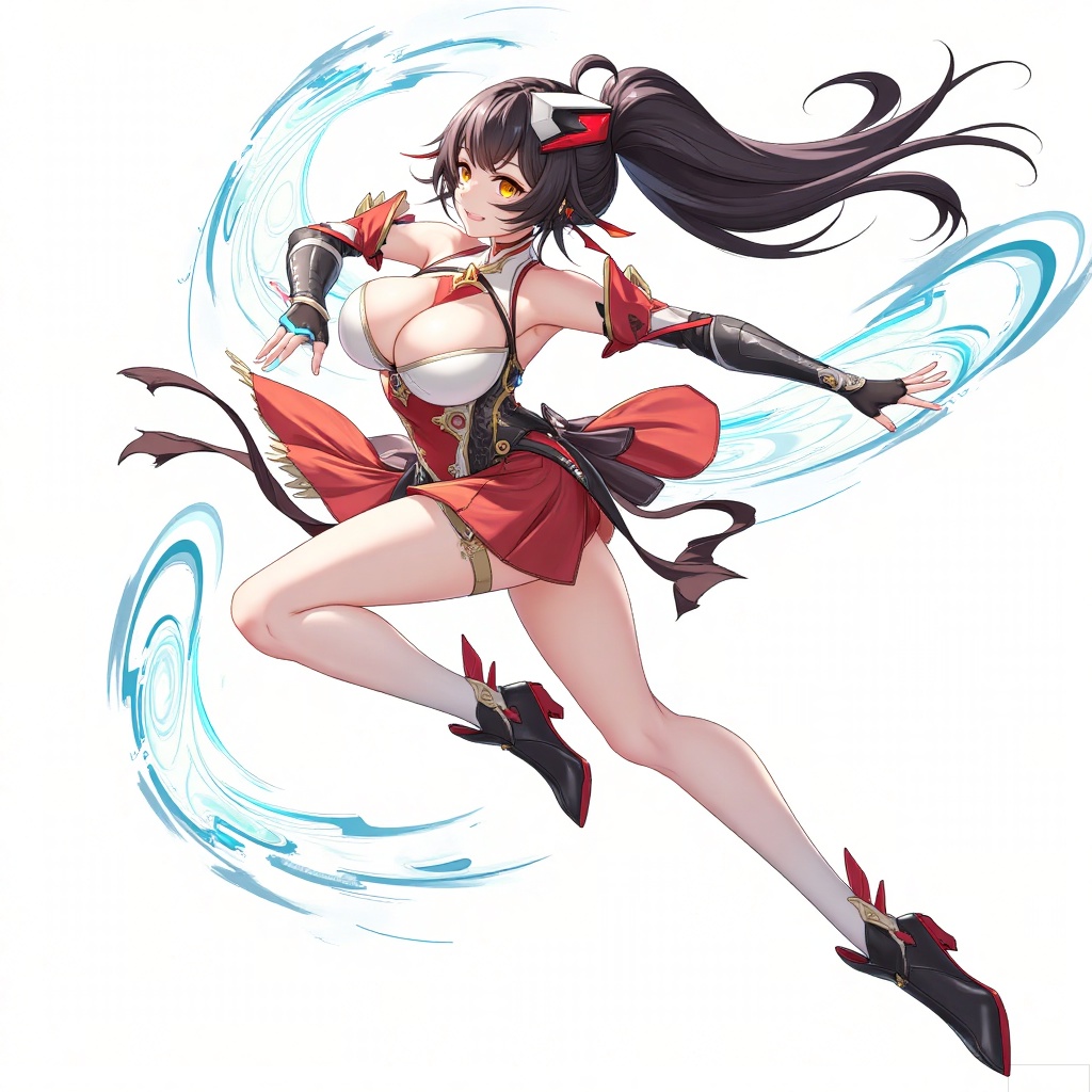 Illustration of female characters in an animation or comics: She bent her knees from a high altitude, her left leg straightens to the ground, and her right knee is bent to buffer. The arms were swung back in a V-shaped shape, and the red and black striped sleeves were swept back by the airflow. The high ponytail rose against gravity, the headdress burst out with blue brake flames, the white socks showed longitudinal wrinkles due to impact, and the soles of the pointed boots splashed ring-shaped energy particles