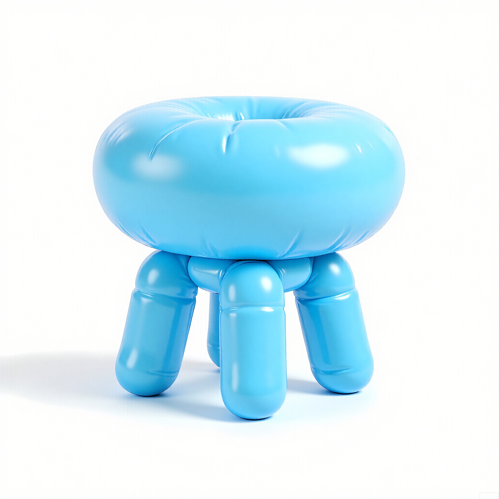 PZF, A high - quality photograph of a sky blue inflatable stool with a fun design. The stool has an oversized, round seat and short, fat legs that are made of inflatable material. The seat has a plush, cushioned look, as if it's filled with air and soft padding. The surface is a smooth, glossy rubber that reflects light. The stool is positioned against a plain white background, making its sky - blue color prominent. The style is modern and playful, with a slight vintage touch in its simple, rounded shape.
