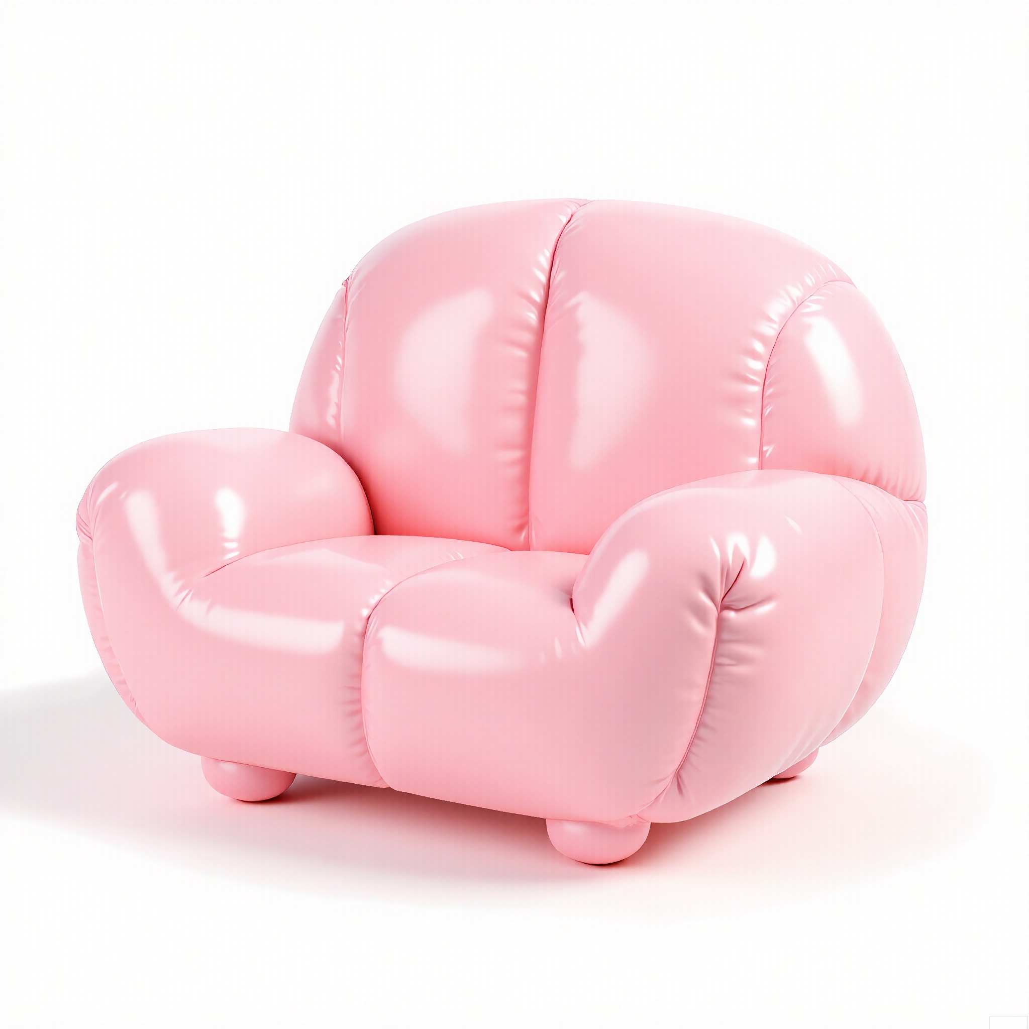 PZF, A high - quality photograph of a pastel pink inflatable sofa with a playful design. The sofa has an oversized, rounded shape with plush - like contours on the seat and backrest. It's supported by thick, balloon - like legs. The material is a soft, stretchy vinyl that catches the light, giving it a gentle glow. The sofa is positioned against a plain white background, emphasizing its pastel hue. The style is modern and whimsical, with a touch of vintage charm in its rounded forms.
