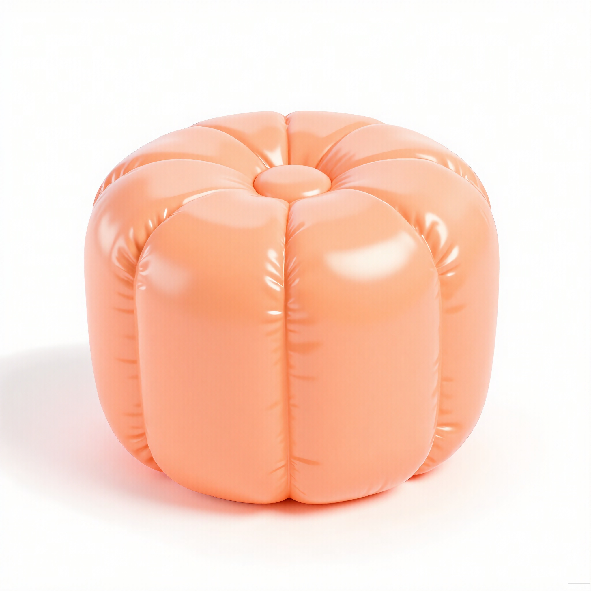 PZF, A high - quality photograph of a peach - colored inflatable side table with a cute design. The side table has an inflated, round top and short, stubby legs. The top has a plush, soft - looking surface, as if it's filled with air and fluff. The material is a smooth, glossy nylon that reflects light. The side table is positioned against a plain white background, making its peach color prominent. The style is modern and adorable, with a slight vintage touch in its simple, rounded form.
