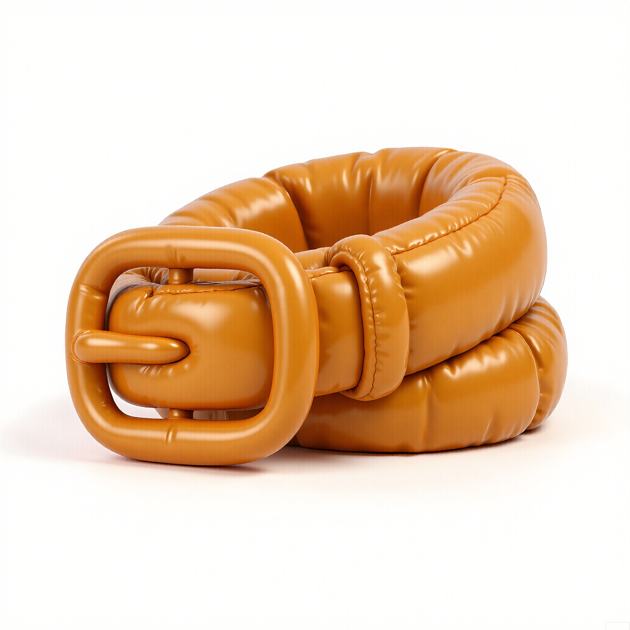 PZF, A high - quality photograph of a golden brown leather belt with a classic design. The belt has a simple buckle and a smooth, polished surface. The leather is supple and shiny, reflecting light. The belt is positioned against a plain white background, emphasizing its warm color. The style is modern and sleek, with a slight vintage touch.
