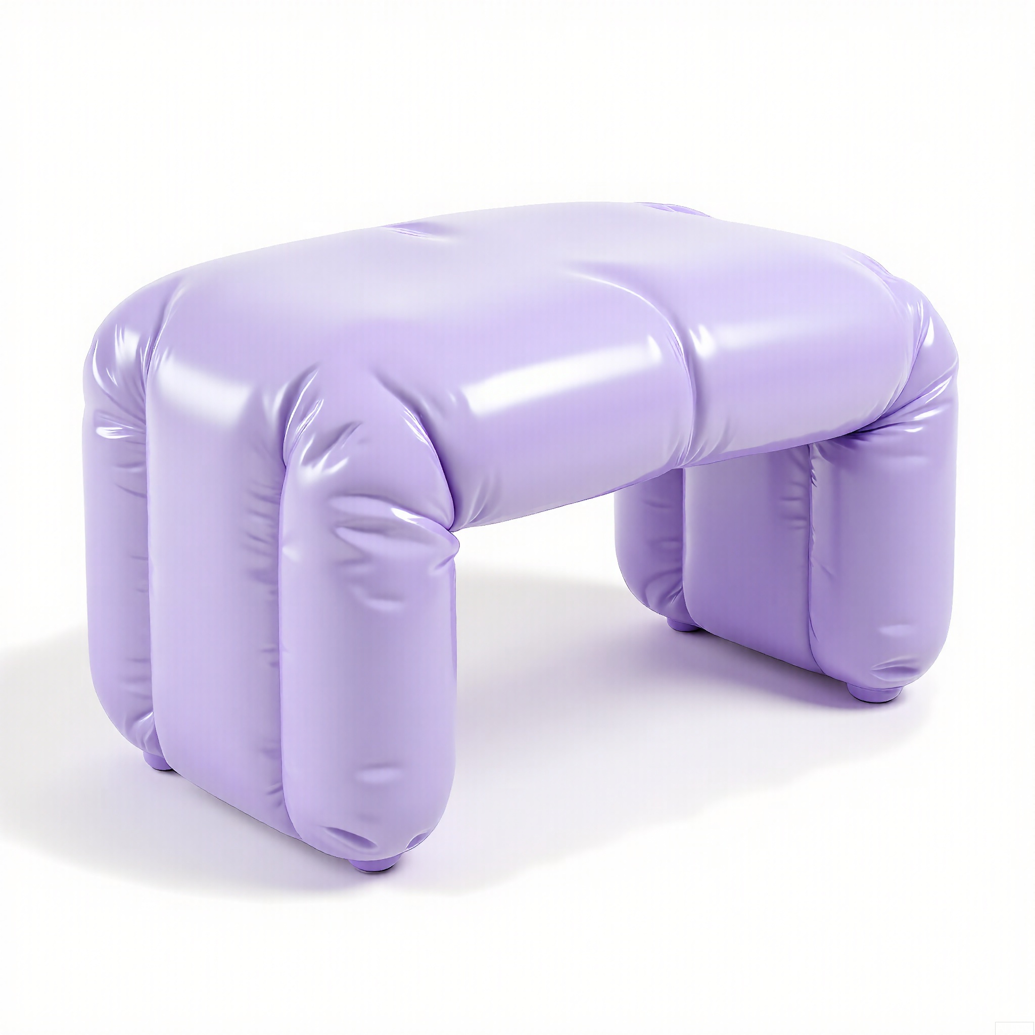 PZF, A high - quality photograph of a lavender inflatable desk with a unique design. The desk has an inflated, rounded top and legs that are like large, soft tubes. The edges of the desk have a plush - like padding, giving it a cozy appearance. The material is a shiny, flexible PVC that bounces light off its surface. The desk is positioned against a plain white background, making its lavender color stand out. The style is modern and imaginative, with a slight vintage feel in its rounded edges.
