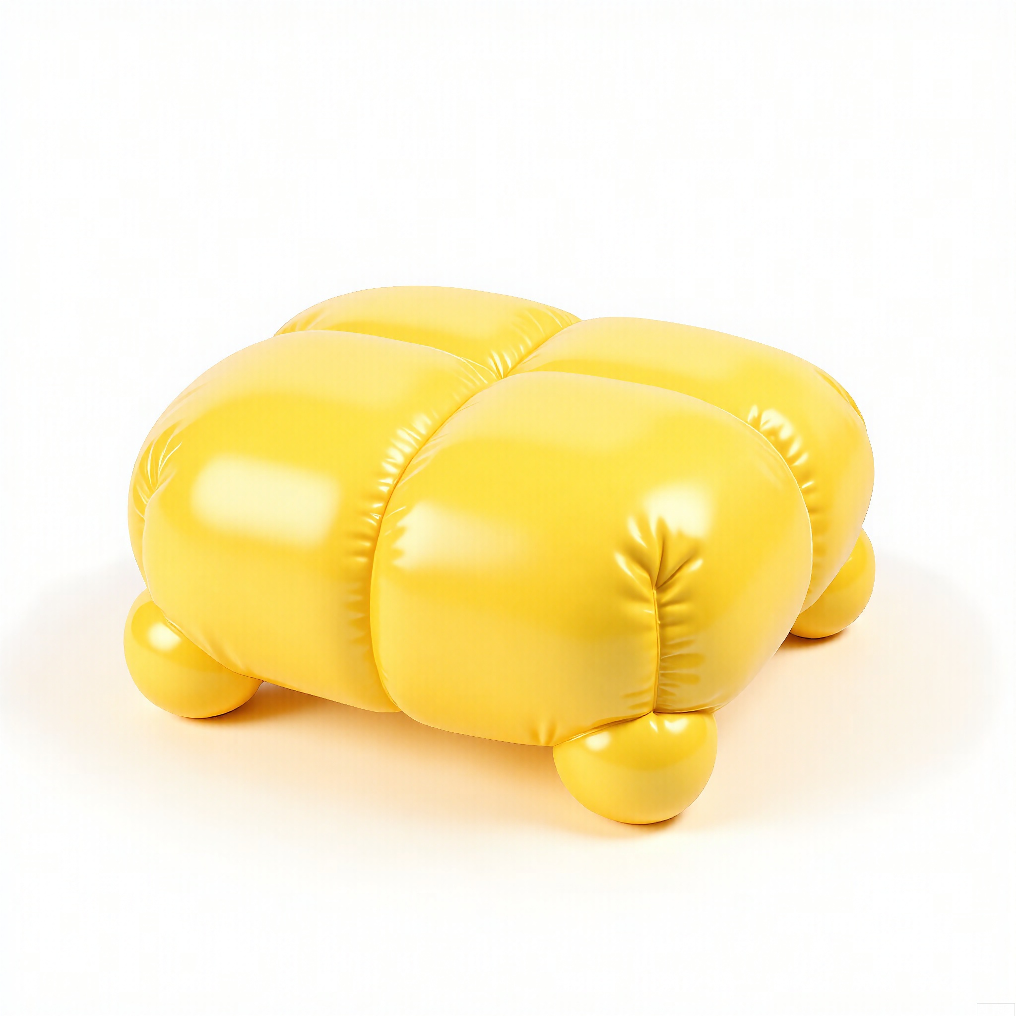 PZF, A high - quality photograph of a pale yellow inflatable coffee table with a cheerful design. The table has an inflated, round top and thick, rounded legs. The surface of the top has a plush, textured look, like a soft, air - filled cushion. The material is a smooth, reflective polyester that bounces light off. The coffee table is positioned against a plain white background, highlighting its pale yellow color. The style is modern and sunny, with a hint of vintage in its rounded shape.

