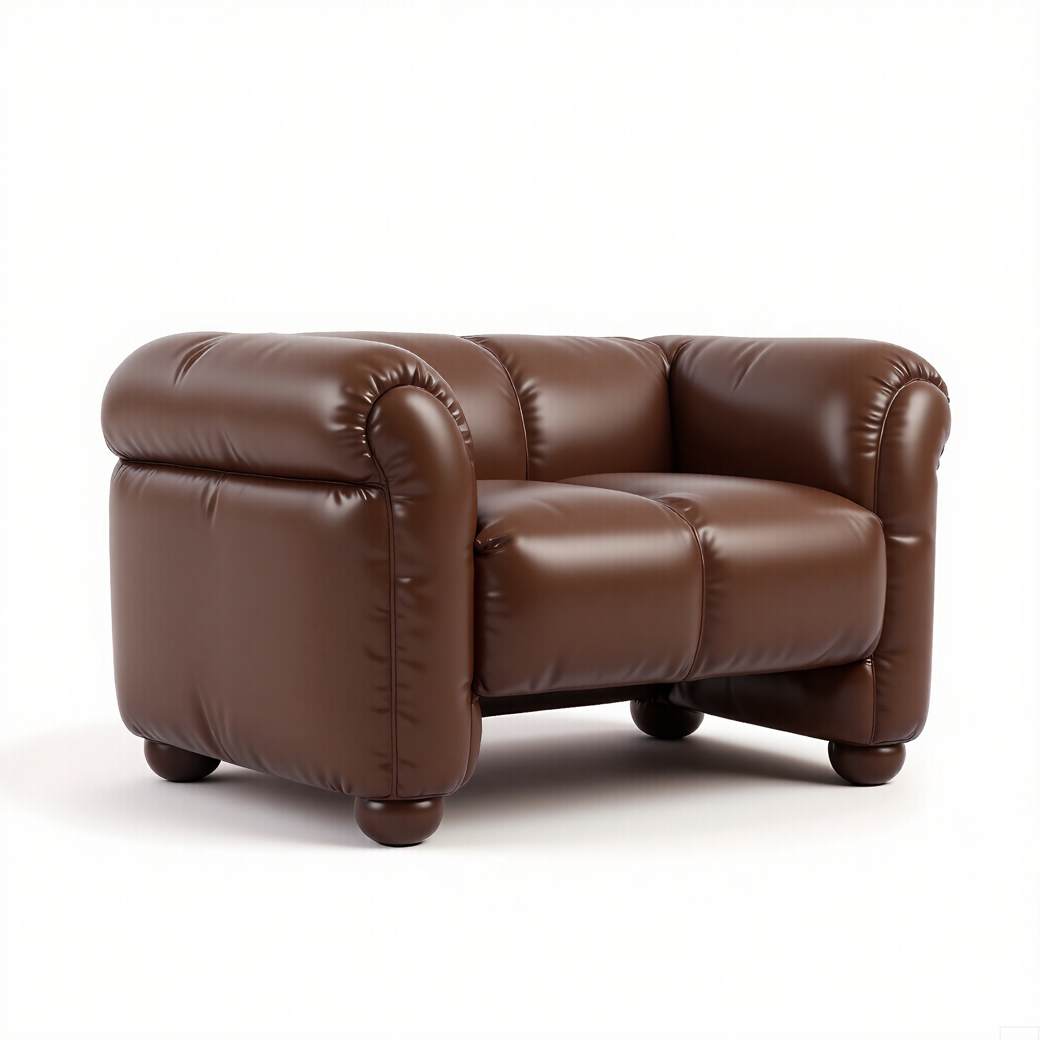 PZF, A high - quality photograph of a chocolate - brown inflatable bench with a cozy design. The bench has an inflated, long seat and backrest, with short, sturdy legs. The surface is a soft, plush - like material that gives it a warm and inviting look. The material is a matte, yet slightly reflective fabric that catches the light. The bench is positioned against a plain white background, making its chocolate - brown color prominent. The style is modern and comfortable, with a slight vintage feel in its rounded form.
