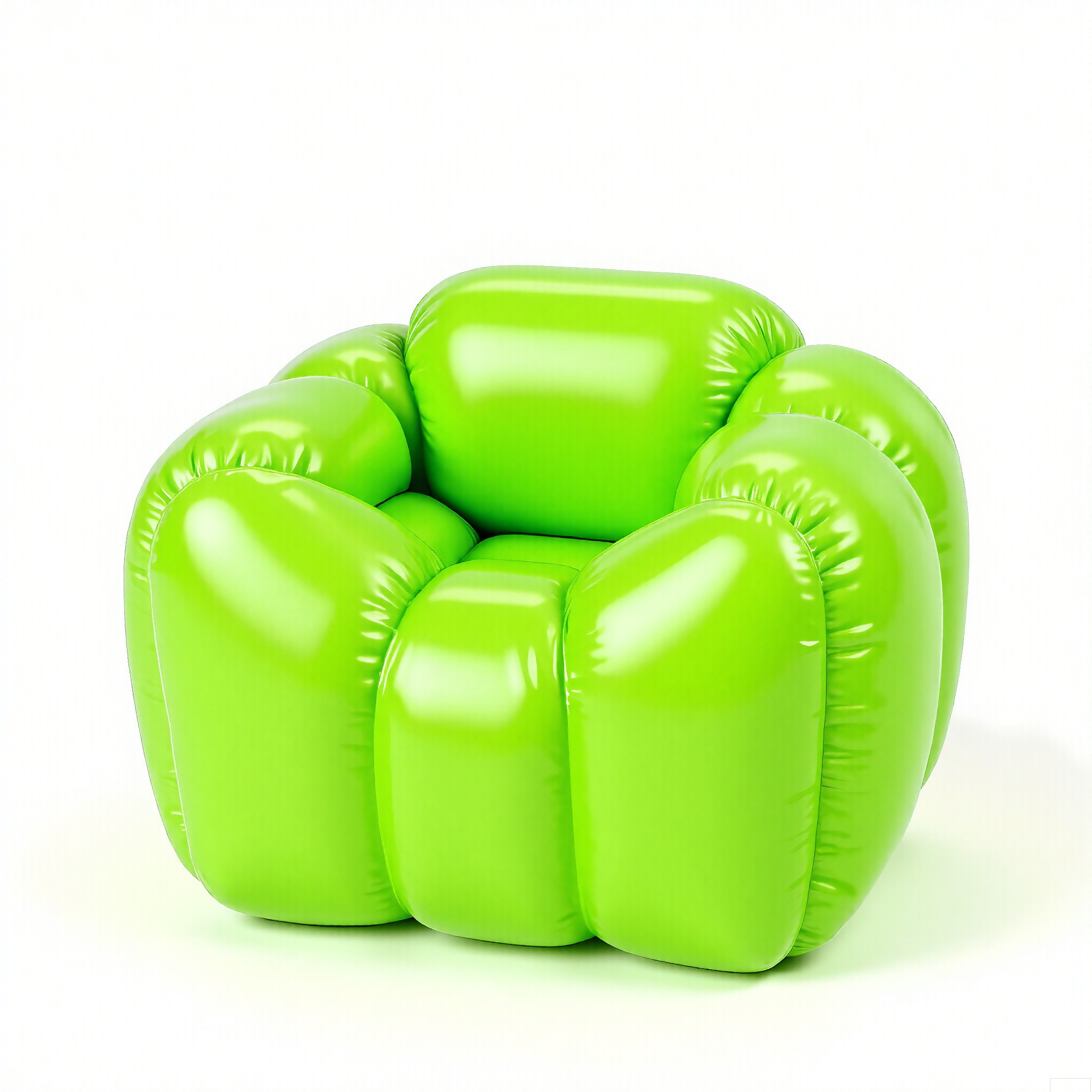 PZF, A high - quality photograph of a bright green inflatable plant pot with a nature - inspired design. The plant pot has an oversized, rounded shape with an inflated base and sides that seem to bulge out. The surface is a smooth, glossy plastic that reflects light, giving it a fresh look. The plant pot is positioned against a plain white background, emphasizing its bright green color. The style is modern and eco - friendly, with a slight vintage touch in its simple, rounded form.
