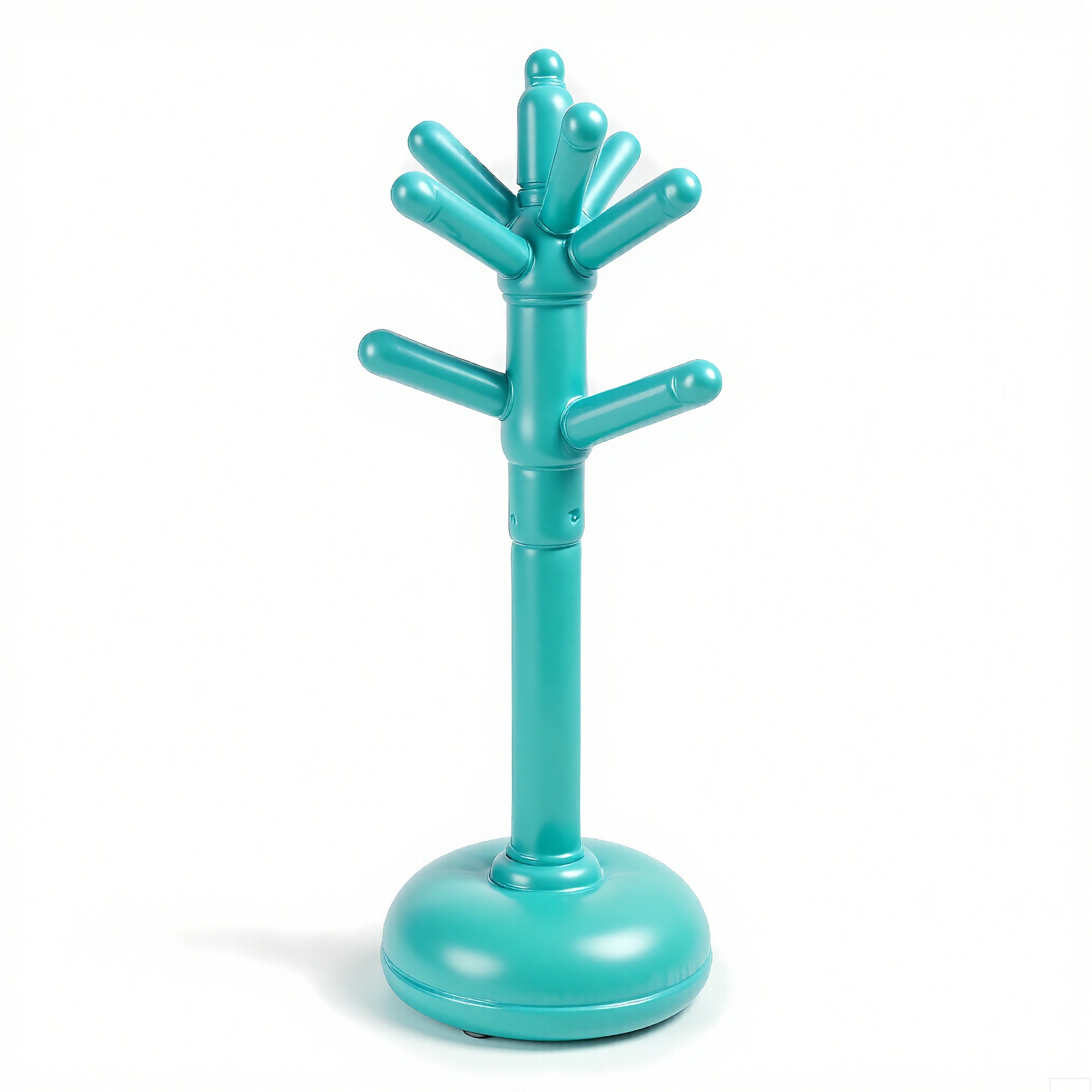 PZF, A high - quality photograph of a teal - colored inflatable coat rack with a quirky design. The coat rack has an inflated, central pole with multiple rounded hooks that are also made of inflatable material. The hooks are arranged in a playful, asymmetrical pattern. The surface is a smooth, shiny rubber that reflects light. The coat rack is positioned against a plain white background, emphasizing its teal color. The style is modern and off - the - wall, with a touch of vintage in its overall shape.
