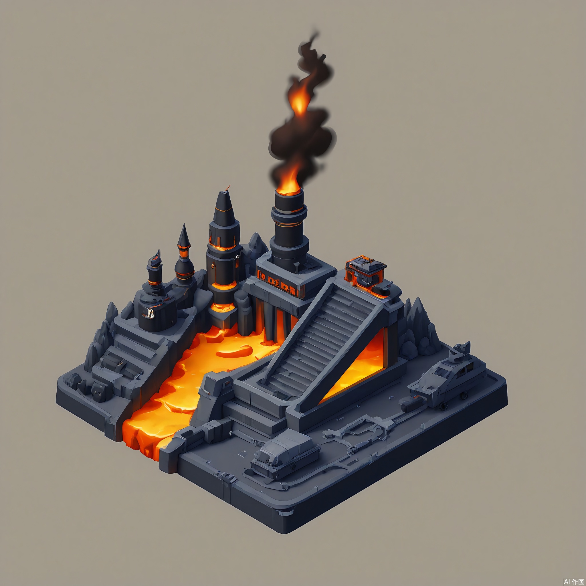 DJJZ, A colorful, detailed isometric illustration of a volcanic - themed game building. The central volcano - shaped building is made of dark - gray rock with red - hot lava flowing down the sides and a plume of black smoke rising from the top. The white background represents the sky above the volcanic area. To the left, a red - hot lava - boat ride with a path through the lava is moving. The foreground has a safe - zone with fire - resistant suits, helmets, and geological tools. There are also small, fiery creatures like lava imps around. The style is whimsical and fiery.
